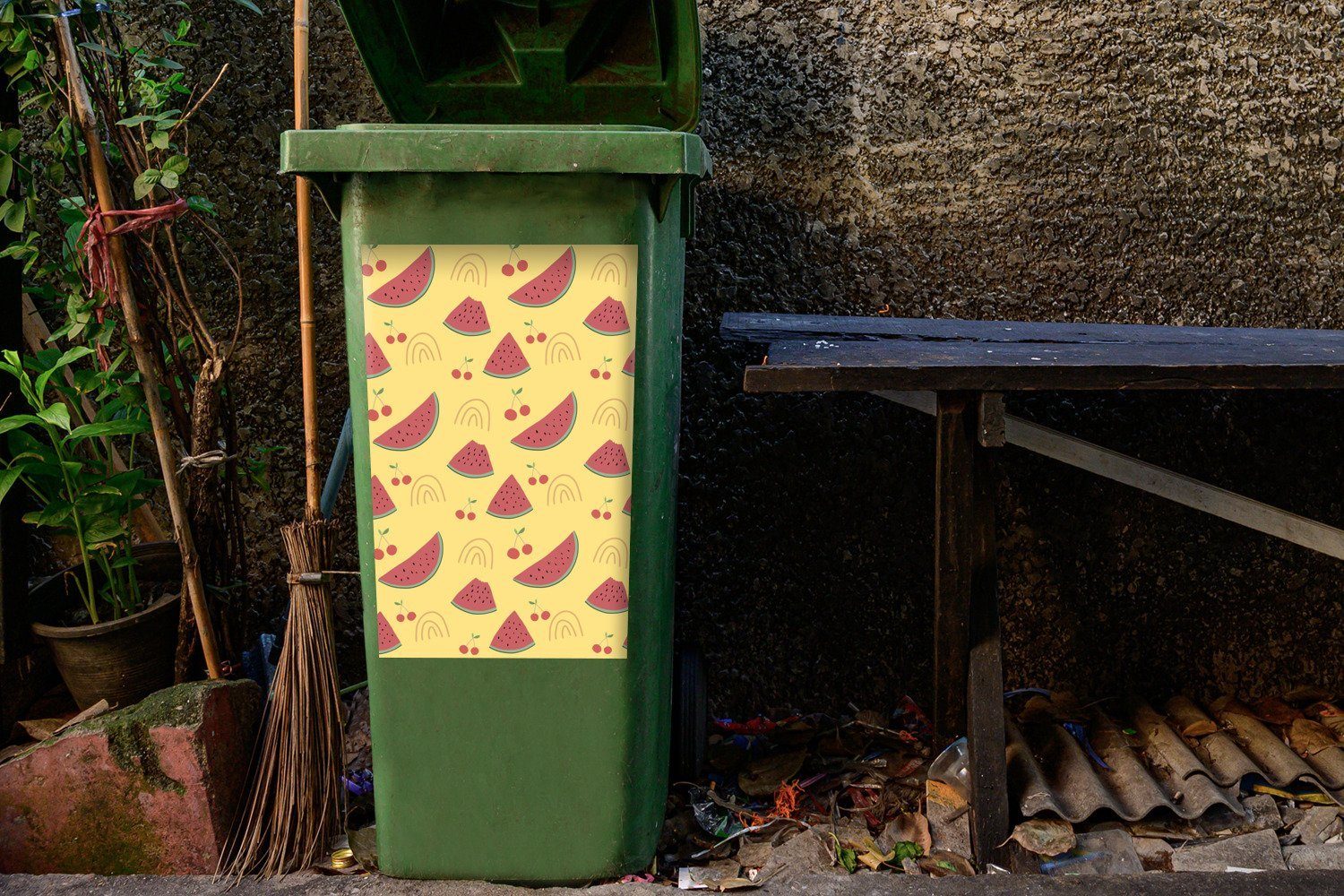 MuchoWow St), Sticker, Mülleimer-aufkleber, Muster - Abfalbehälter Kirsche Mülltonne, - Wandsticker - Gelb Melone Container, (1