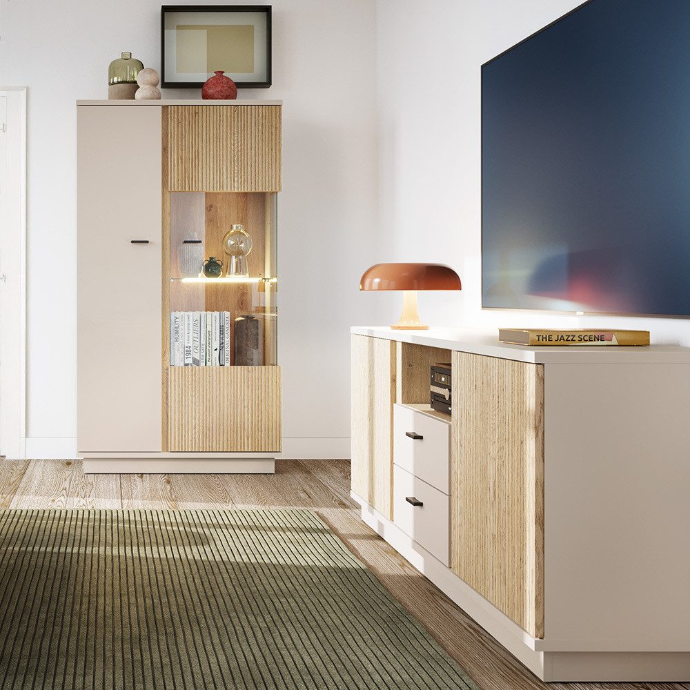 Lomadox Wohnzimmer-Set MOLINA-129, (Mega-Spar-Set, 2-St., Highboard Lowboard), Wohnzimmermöbel in Eiche & kaschmir mit Softclose & LED-Beleuchtung