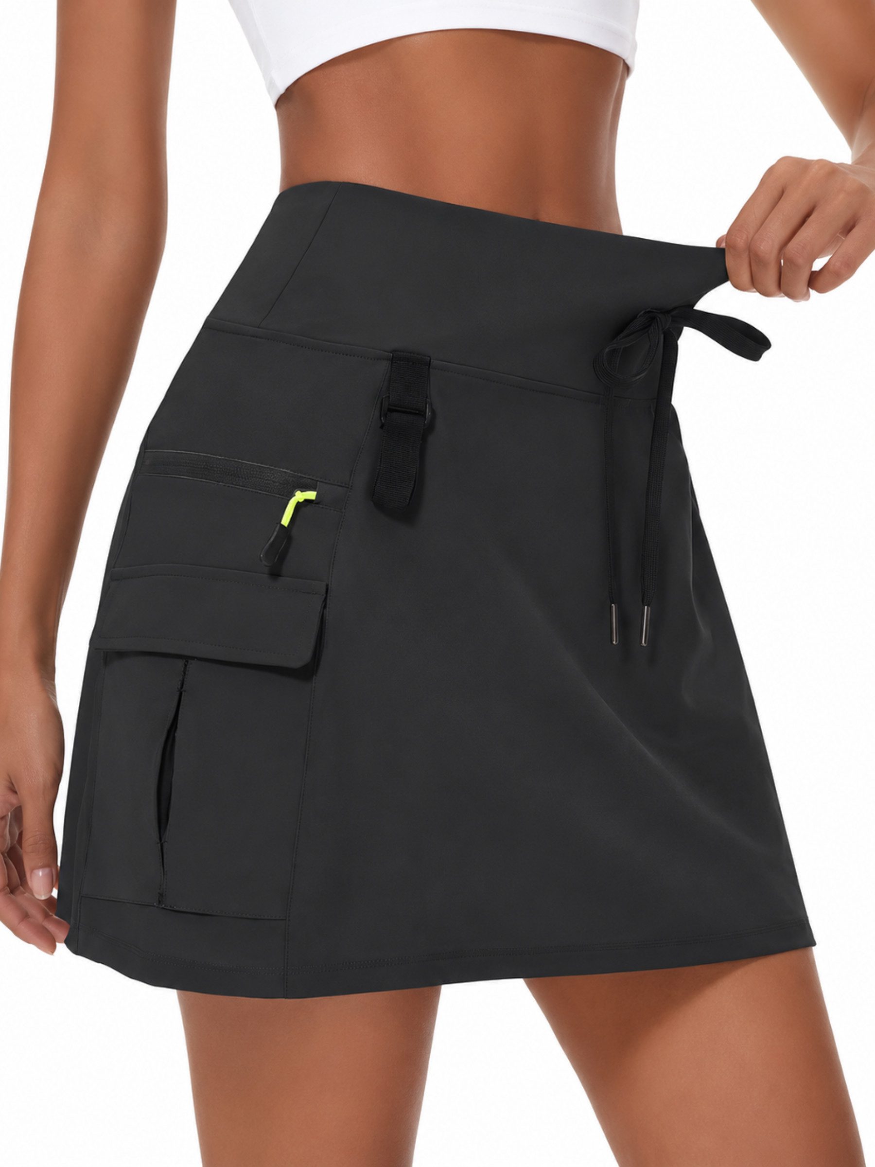 FemmeTone Minirock Damen Cargorock sportlich mit Taschen, kurzer Sommerrock mit Kordelzug Outdoorrock mit Reißverschlusstaschen, Freizeitrock elastischer Bund