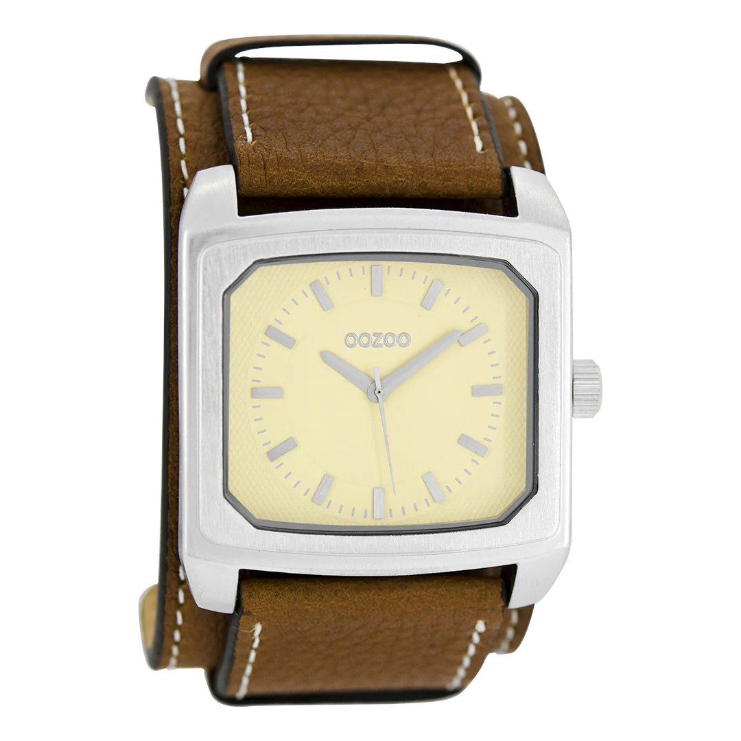 OOZOO Quarzuhr XXL Herrenuhr, cremefarbenes Zifferblatt, braunes C5211, Leder-Unterlegband, 45 mm, stylische Quarzuhr für Männer