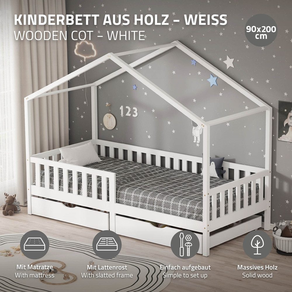ML-DESIGN Spielbett Hausbett Kinderbett inkl. 2 Schubladen, Lattenrost und Rausfallschutz, Abenteuerbett 90x200cm mit Matratze Himmelbett Kiefer Jugendbett Weiß – Bild 2 von 5