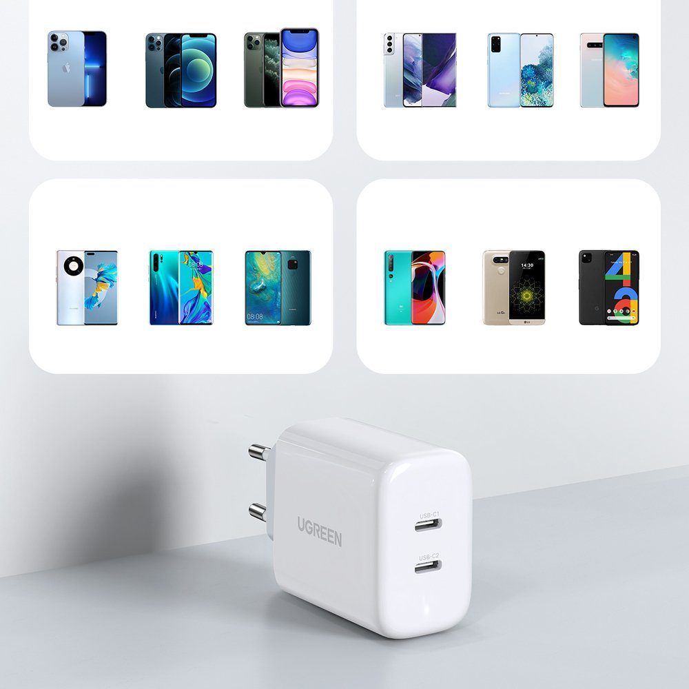 UGREEN Reiseladegerät 2x USB Typ C 40W Power Delivery Schnell-Ladegerät Smartphone-Ladegerät