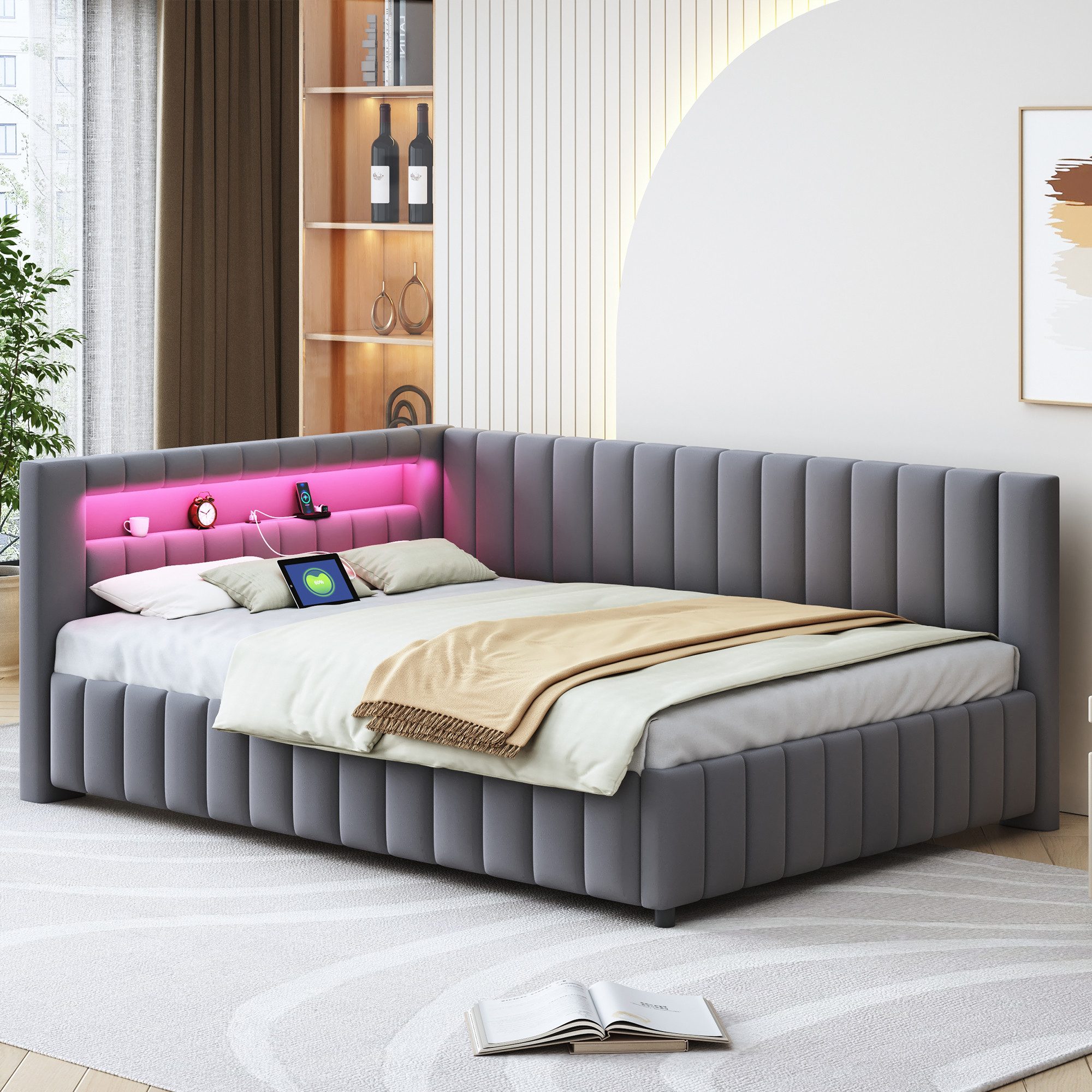Flieks Daybett, Polsterbett Schlafsofa 140x200cm mit LED Beleuchtung USB-Ladeanschluss