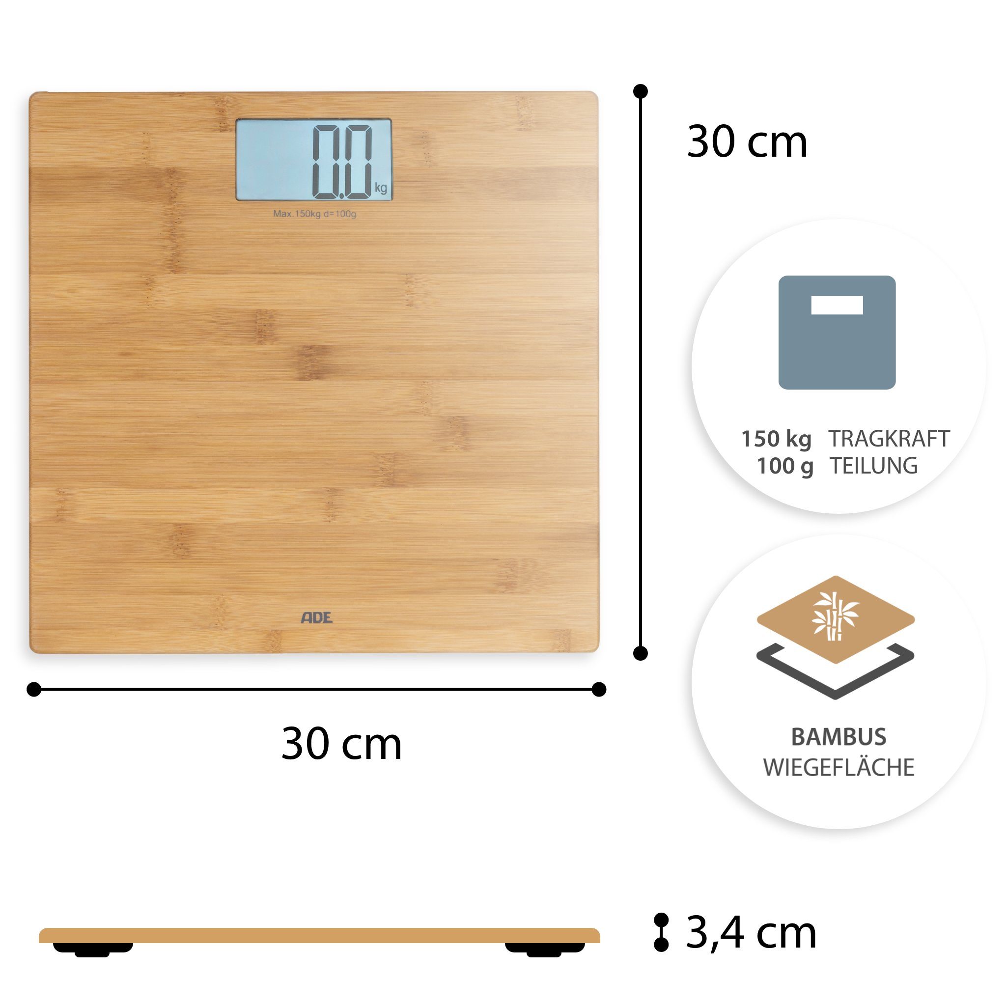 ADE Personenwaage Badezimmerwaage mit Wiegefläche aus echtem Bambus, Wiegefläche aus echtem Bambusholz, großes Display, bis 150 kg