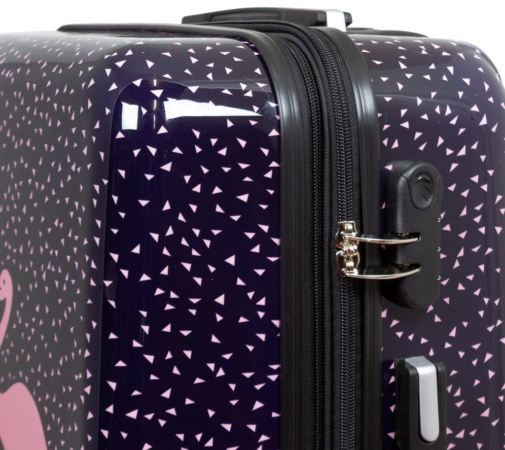 Trendyshop365 Hartschalen-Trolley Kofferset 3 tlg Hartschale Flamingo Motiv 4 Rollen Zahlenschloss, 4 Rollen, Zahlenschloss, Polycarbonat, Dehnfalte