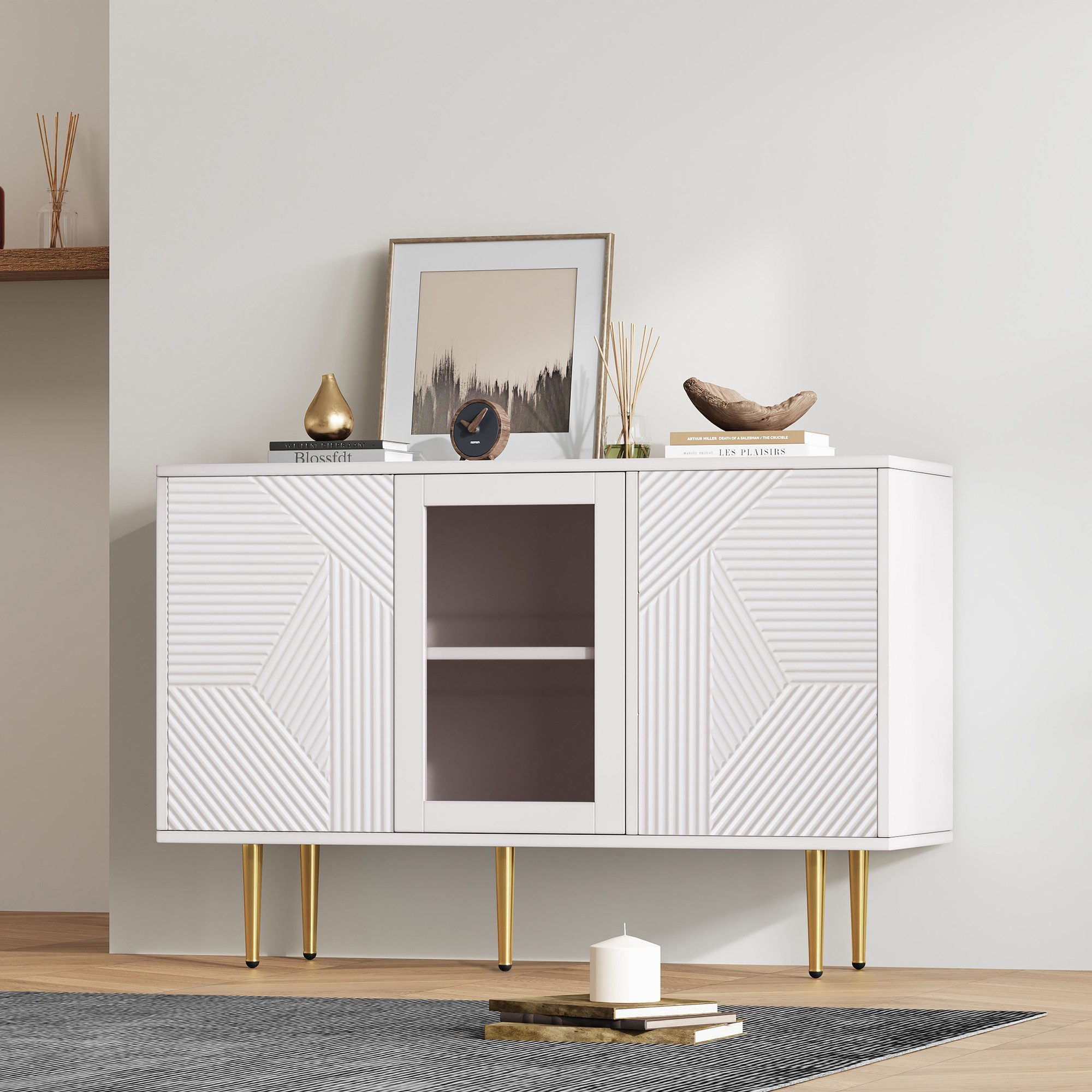 Odikalo Anrichte Sideboard Tresenkommode Kommode mit Metalfüßen Glastüren 120x38x79.5cm