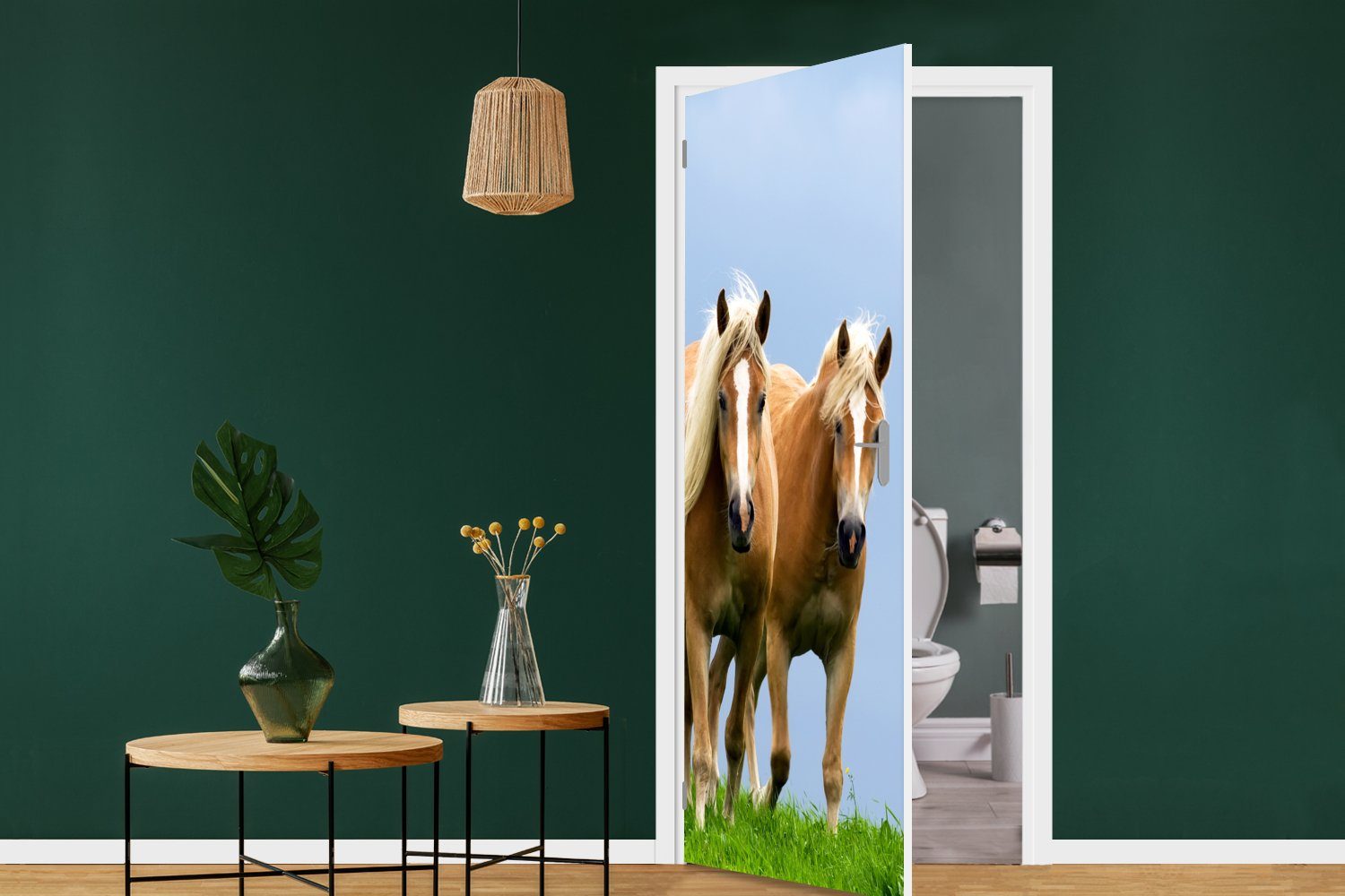 75x205 Türaufkleber, (1 - Fototapete MuchoWow Tür, für cm St), Pferde Matt, - bedruckt, Luft, Türtapete Gras