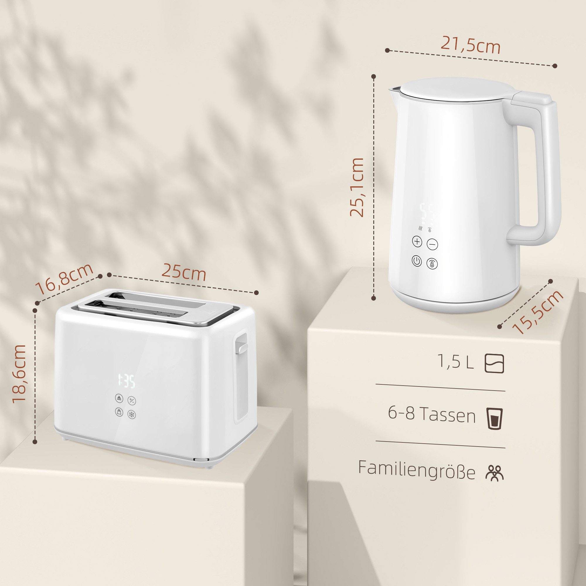 HOMCOM Toaster Wasserkocher Set Edelstahl 1,5L automatisch mit Abschaltung, 2 Schlitze, für 2 Scheiben, 2200 W, 7 Bräunungsstufen, schnelles Kochen, Weiß – Bild 3 von 5