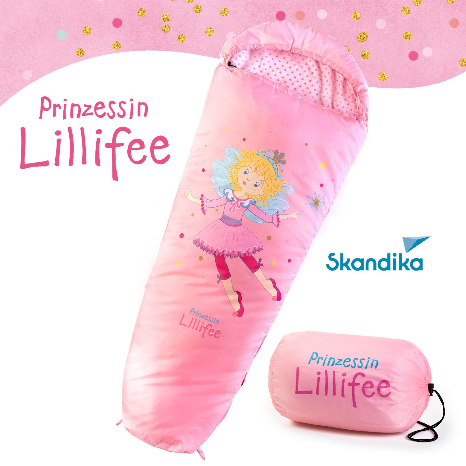 Skandika Kinderschlafsack Lillifee, Mumienschlafsack für Kinder, kuscheliges Innenfutter (170 (140 + 30) x 70/45 cm, Großzügige Kapuze, Stautasche), Komfortbereich 12 – 3 °C, wasserabweisend