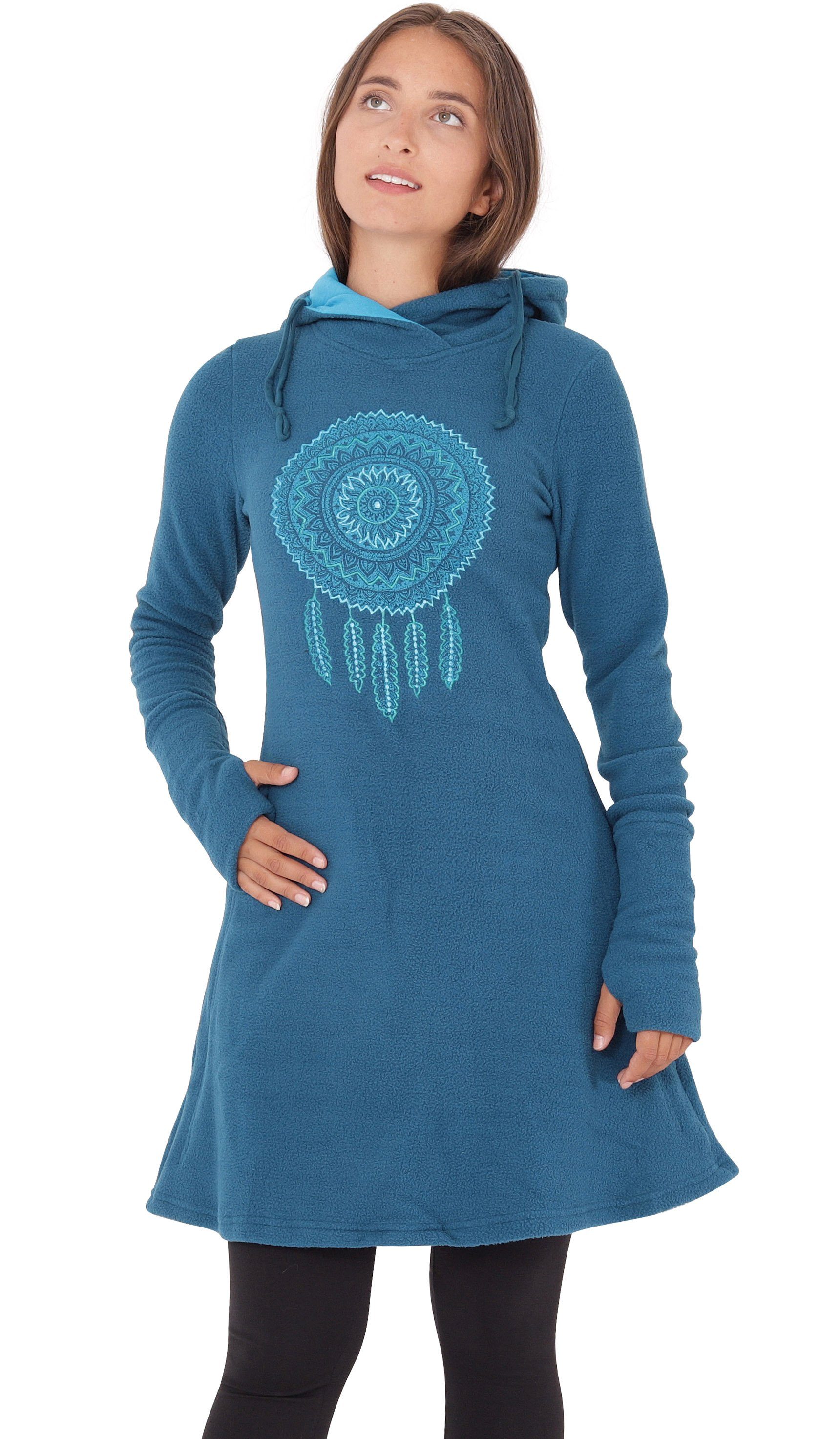 PUREWONDER A-Linien-Kleid Kapuzenkleid Winterkleid mit Traumfänger dr31 Fleece Blau