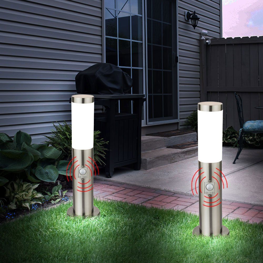 Beleuchtung 2er LED etc-shop Außen-Stehlampe, Warmweiß, Steh Außen Edelstahl inklusive, Set Bewegungsmelder LED Lampen Leuchtmittel