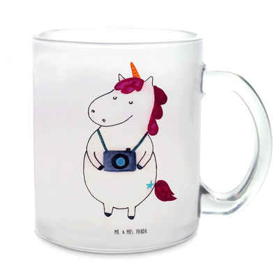 Mr. & Mrs. Panda Teeglas Einhorn Fotograf - Transparent - Geschenk, Tasse mit Henkel, Unicorn, Premium Glas, Außerordentliches Design