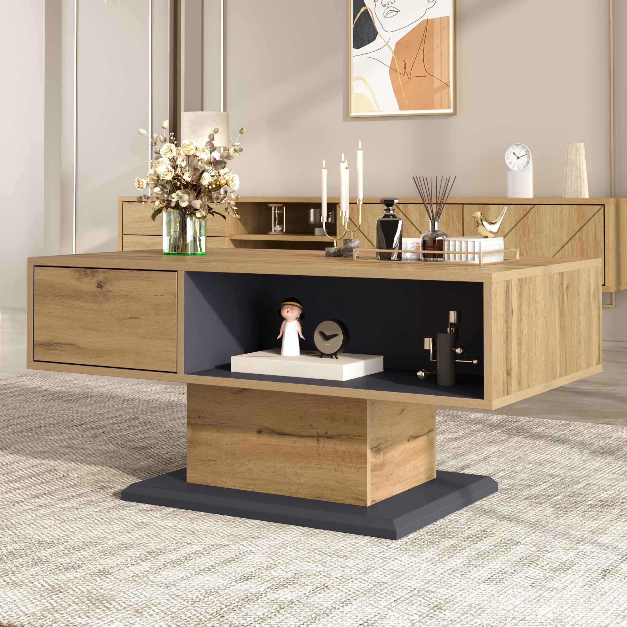 Merax Couchtisch in Holzoptik mit großer Ablagefläche (1-St), Wohnzimmertisch mit doppelseitigem Stauraum & Innenfach, 100x50x46,5cm – Bild 3 von 5
