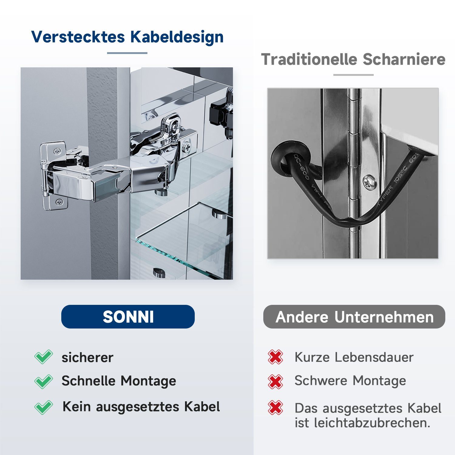 SONNI Badezimmerspiegelschrank Edelstahl Spiegelschrank 3-türig Beleuchtung Badezimmerspiegelschrank Bad mit LED 90x65x13cm