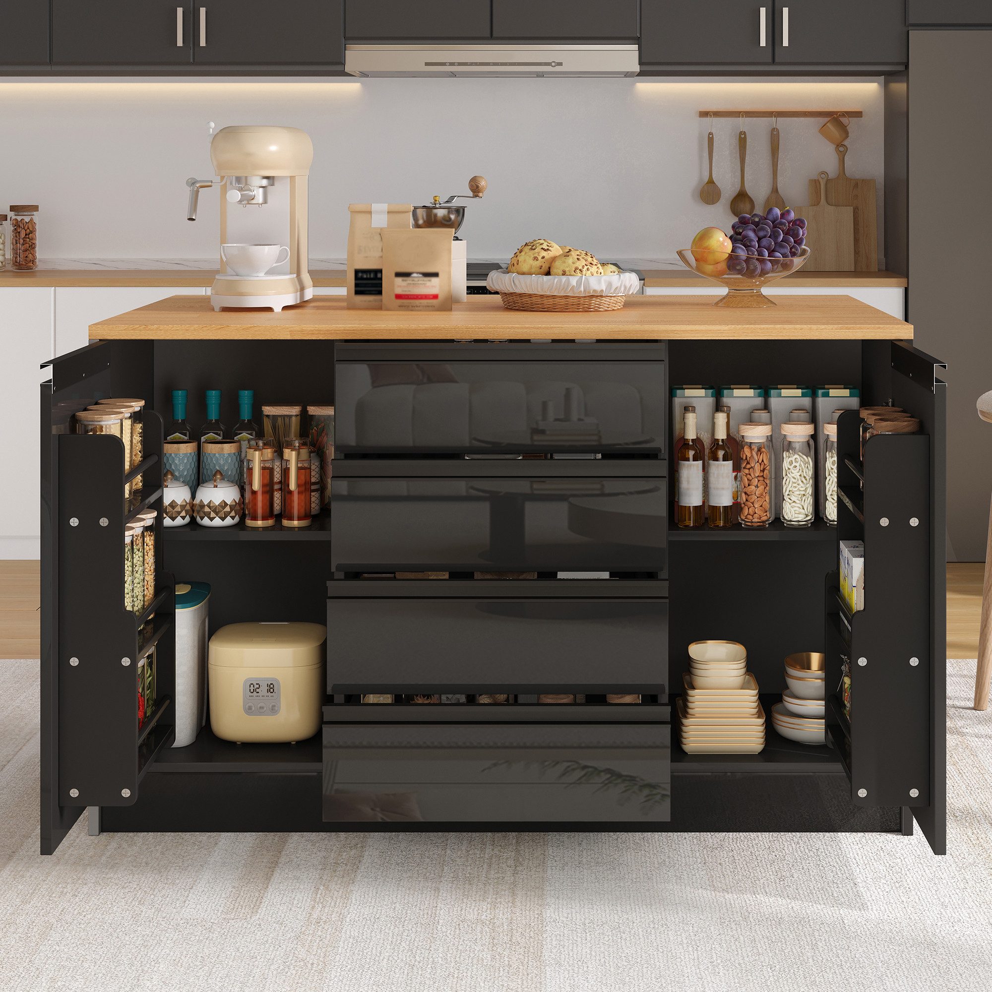 Flieks Kücheninsel mit klappbarer Arbeitsplatte in Holzoptik, 4 Schubladen und Türablagen, (mit verstellbarer Einlegeböden und verdeckter Aluminiumgriffe), Multifunktional Küchenschrank Mehrzweckschrank Hochglanz Schwarz