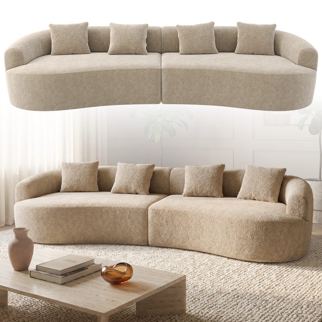 skølm Sofa Loki aus Teddy-Bouclé-Stoff, Vollschaumcouch mit Vakuum-Kompression, Beige, Couch 4 Sitzer mit 4 Kissen, kein Aufbau notwendig