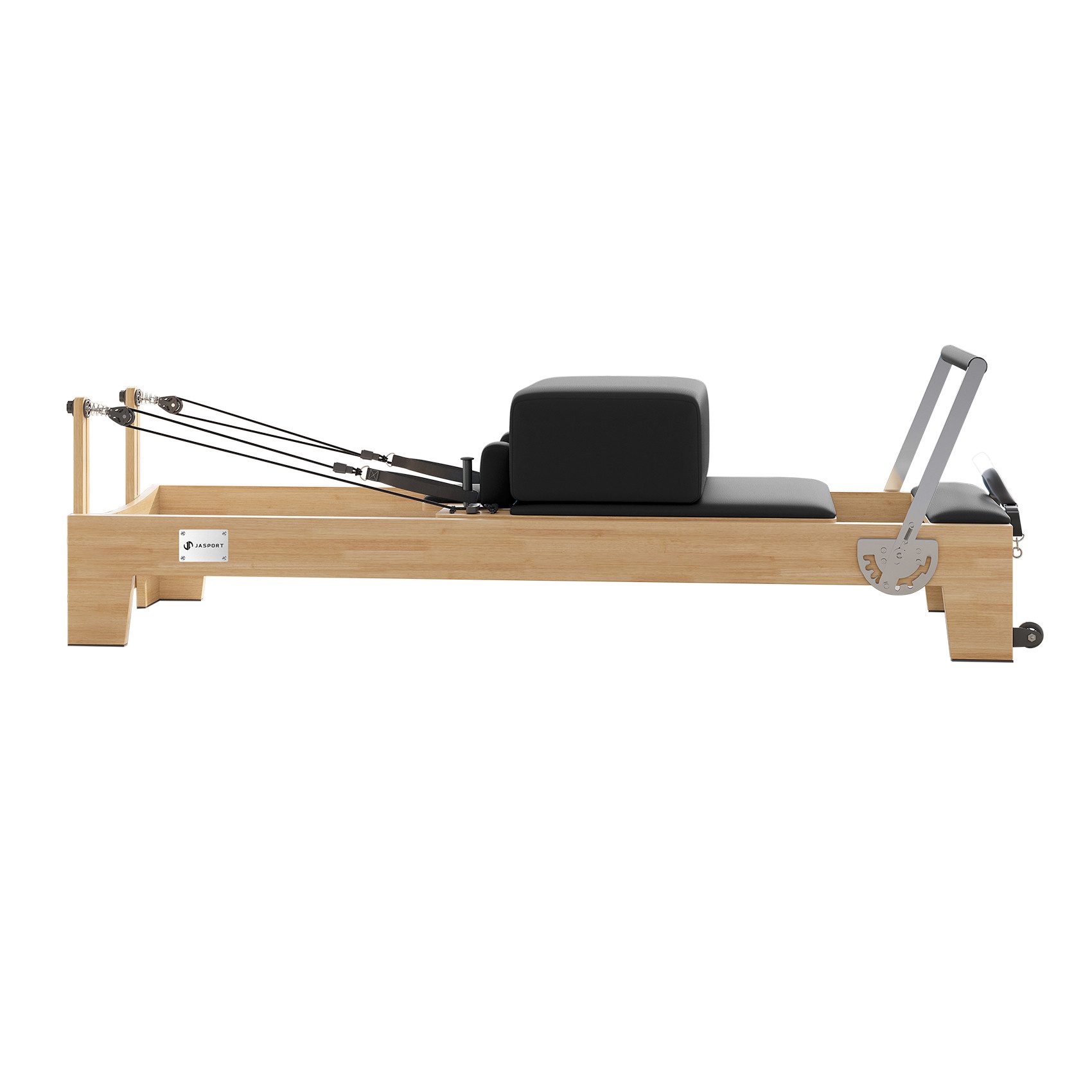 JASPORT Pilates-Reformer H60 aus Gummibaumholz, (Pilates Reformer, Sprungbrett, Reformer-Box, Fußschlaufen), Leiser Betrieb, individuell einstellbar