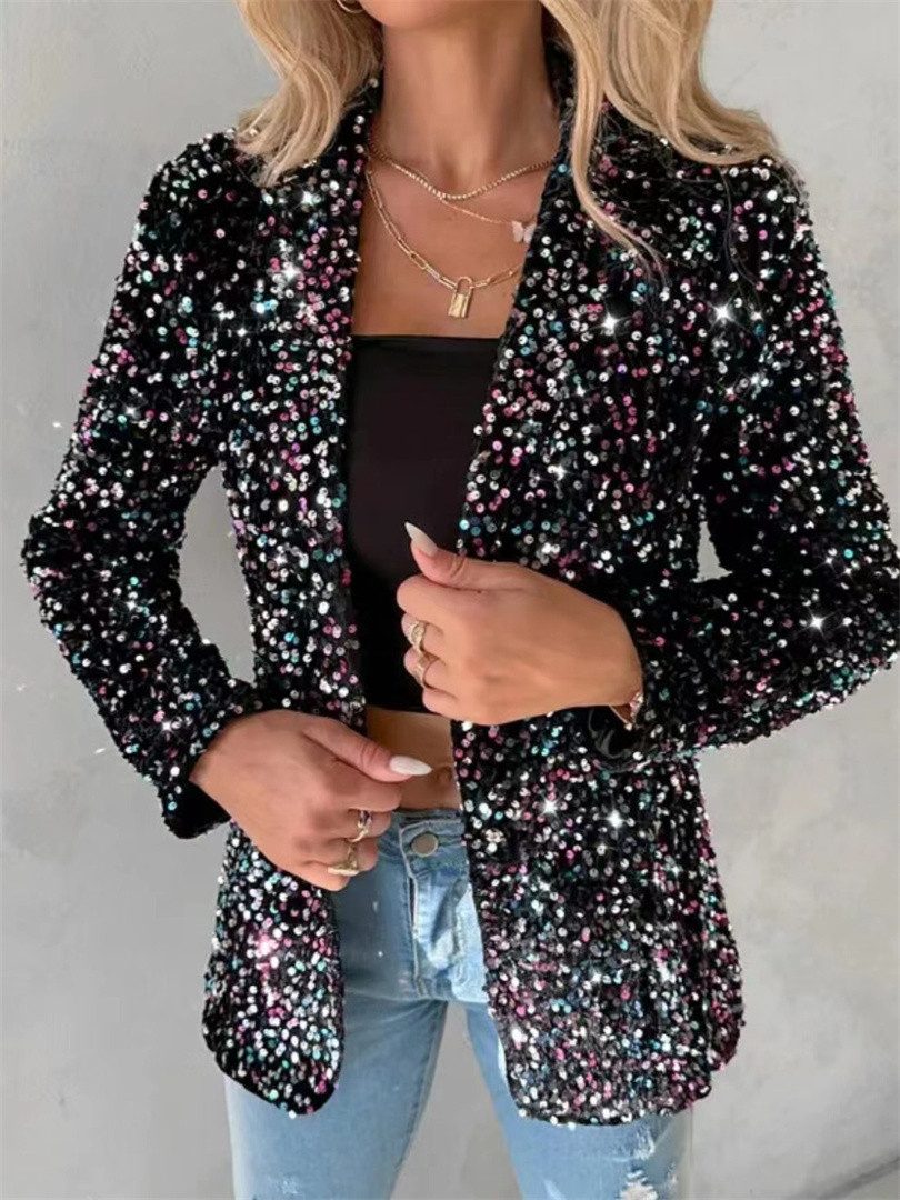 AFAZ New Trading UG Anzugsakko Langärmliger, mittellanger Slim-Fit-Blazer mit Pailletten für Damen