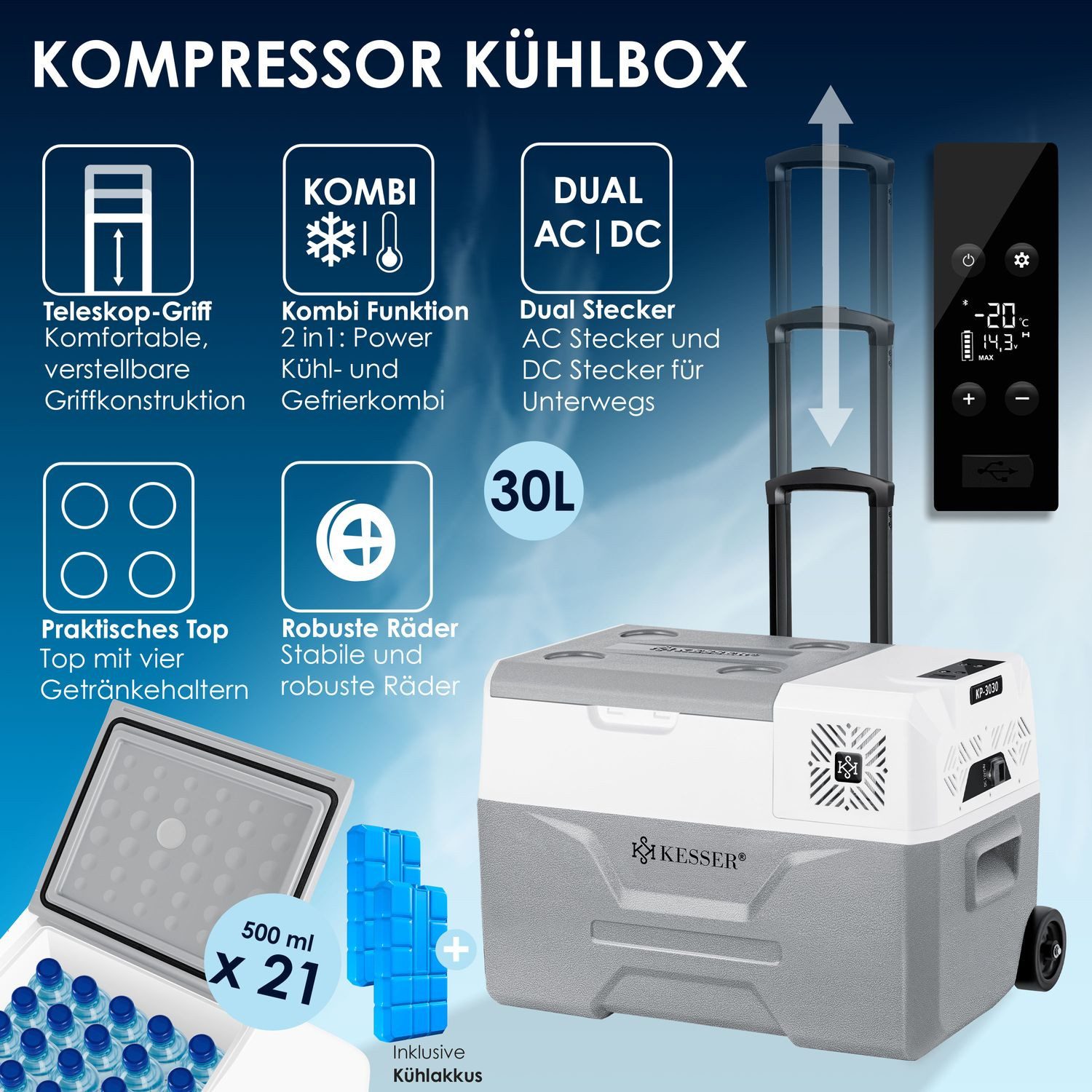 KESSER Kühlbox, 30 l, Kompressor Kühlbox elektrisch Gefrierbox, Mit APP-Steuerung