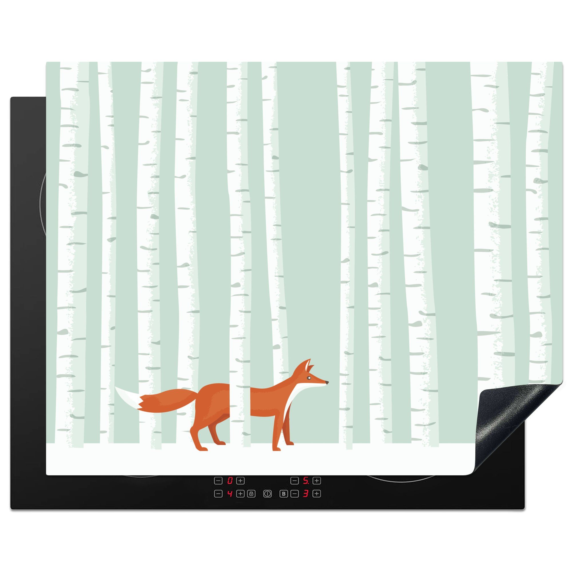MuchoWow Herdblende-/Abdeckplatte Eine Illustration eines Fuchses, der zwischen den Birken spazieren, Vinyl, (1 tlg), 65x52 cm, Mobile Arbeitsfläche nutzbar, Ceranfeldabdeckung