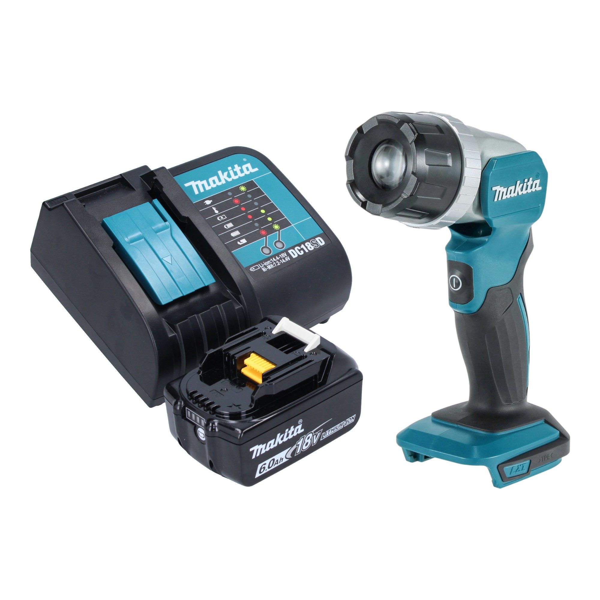 Makita Baustrahler DML 808 SG1 Akku Handstrahler 14,4 / 18 V 190 lm LED + 1x Akku 6,0 Ah