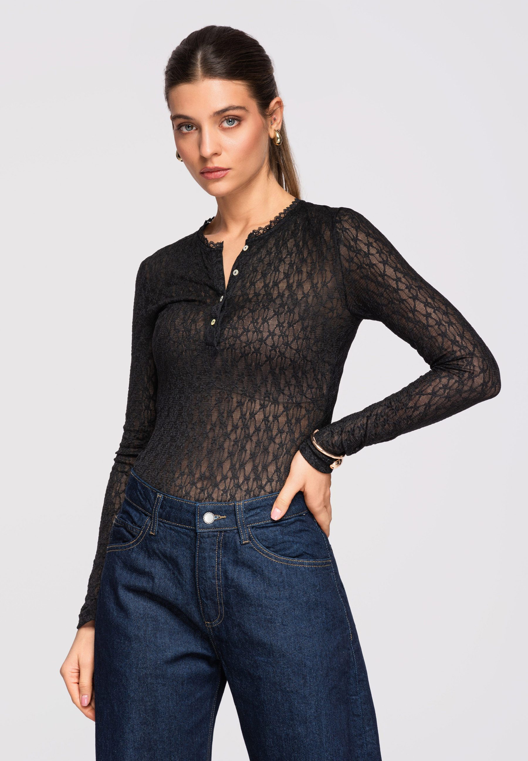 OMBRE Spitzenbluse Figurbetonte Damenbluse aus transparenter Spitze