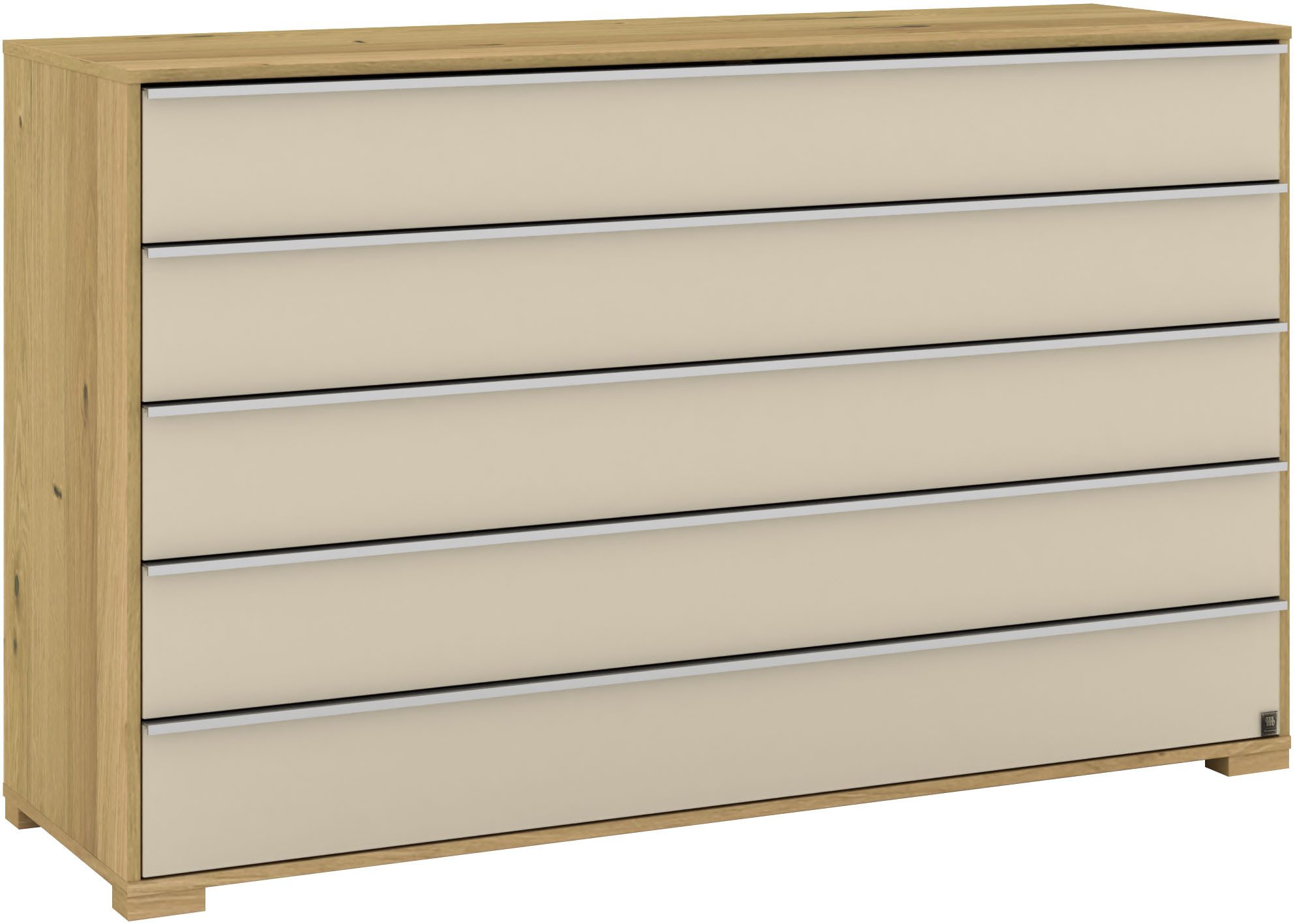 Musterring Schubkastenkommode Savona Sideboard, Wäscheschrank, mit Schubladen, teilmassiv, 141 cm (Bianco-Eiche, mit Glas, mit Selbsteinzug und Dämpfung, MADE IN GERMANY), Fronten Glas Champagner, Schubkästen mit Soft-Abstoppung, Breite 141cm