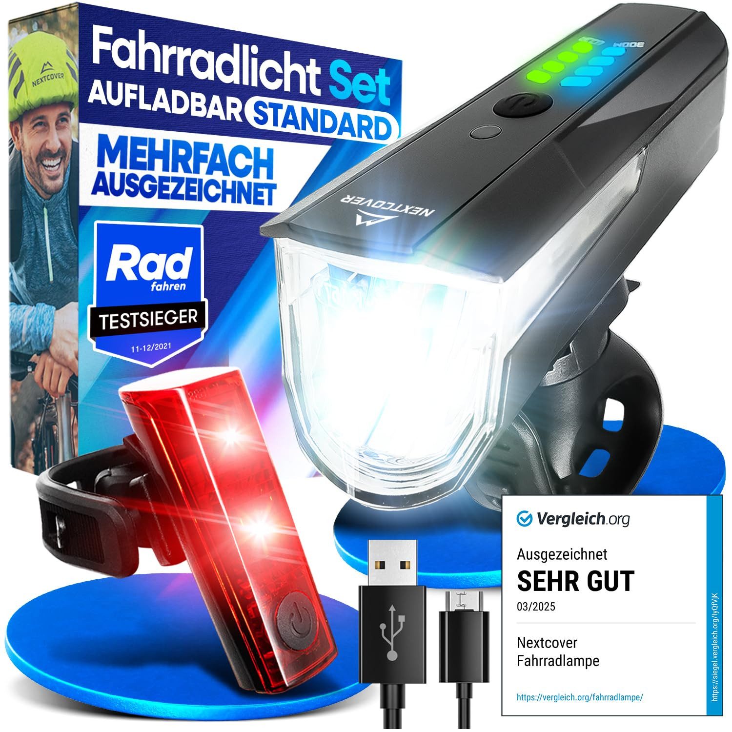 Nextcover Fahrradbeleuchtung LightSense Set mit Lichtsensor & Akku, StVZO, LED vorne & hinten