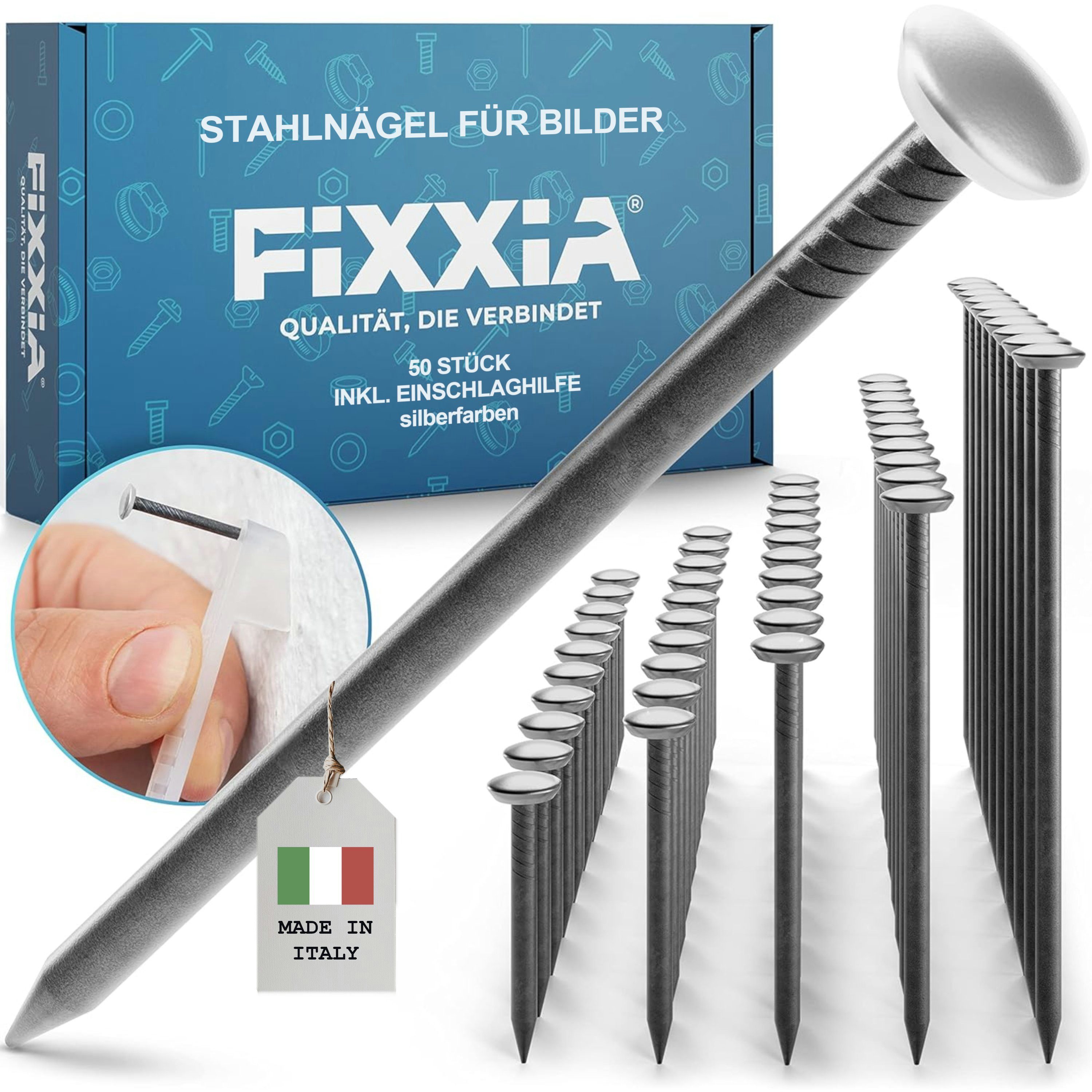 FIXXIA Stahlnagel FIXXIA Stahlnägel mit Halter 50er Set Silber für Bilder und Betonwände