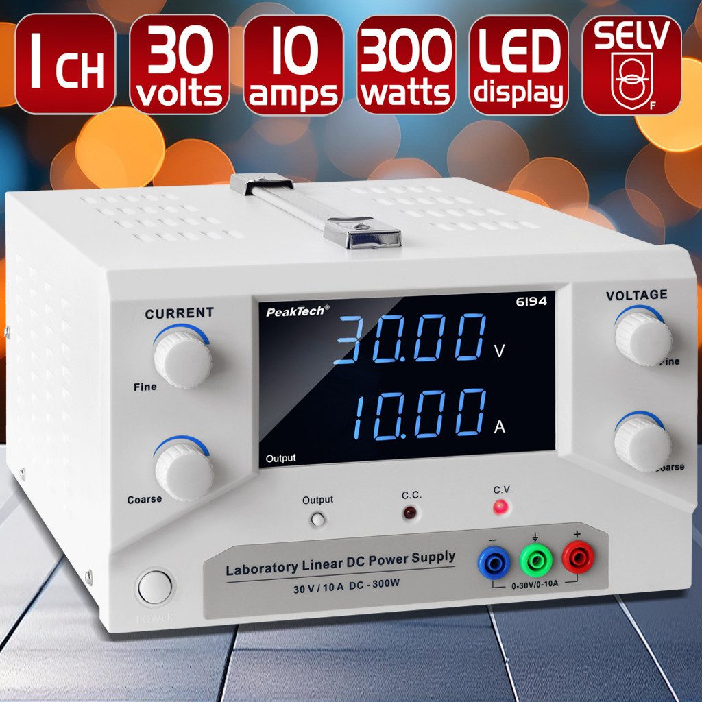 PeakTech 30 V 10 A DC Labornetzteil 0–30 V/0–10 A SELV, linear Labor-Netzteil