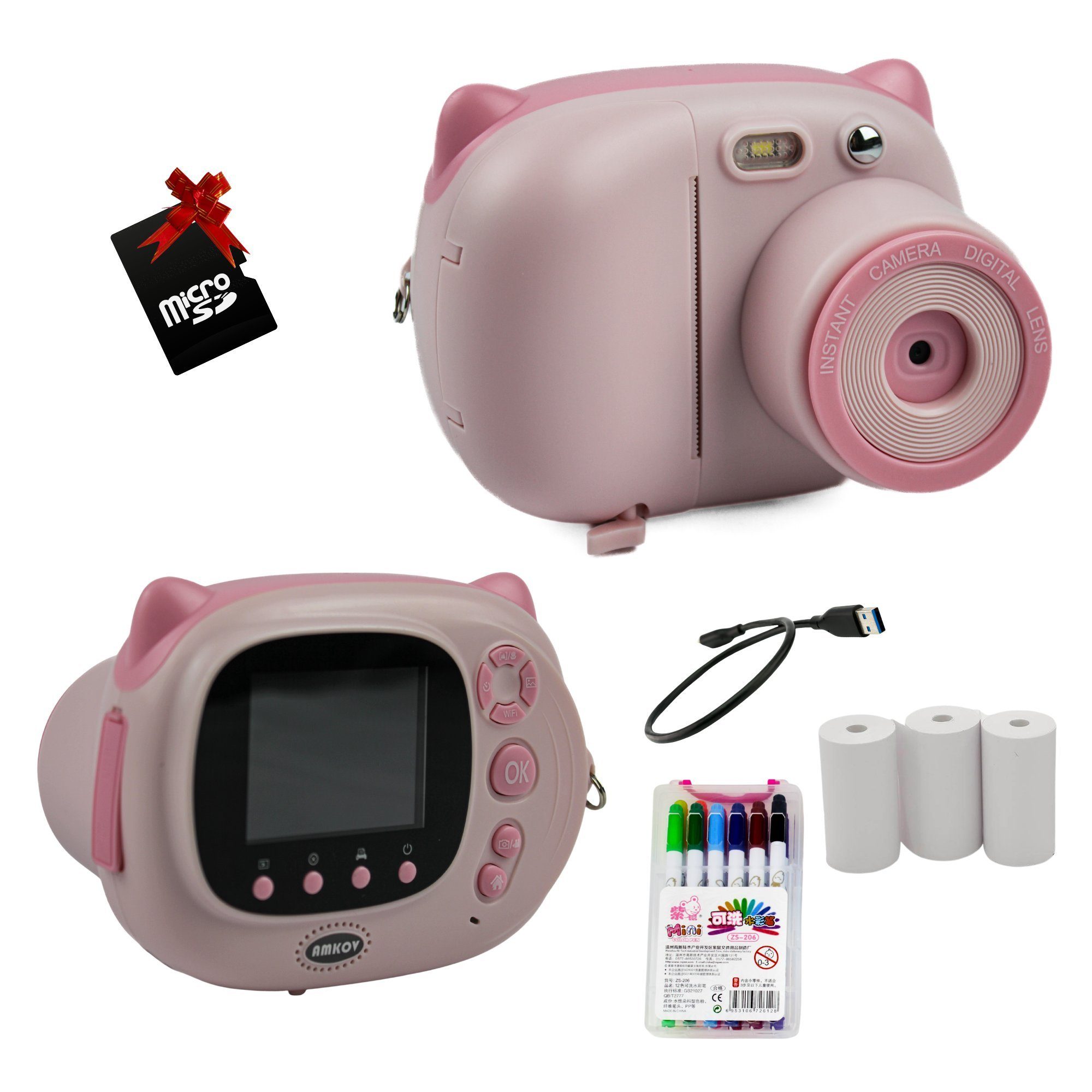 Fine Life Pro Kreative Kinderkamera Sofortbildkamera (24 MP, inkl. 12 farbigen Pinselstiften + 3 Rollen Druckpapier + Aufkleber, Videoaufnahmen mit Ton in Full HD WIFI automatische Blitzzuschaltung)