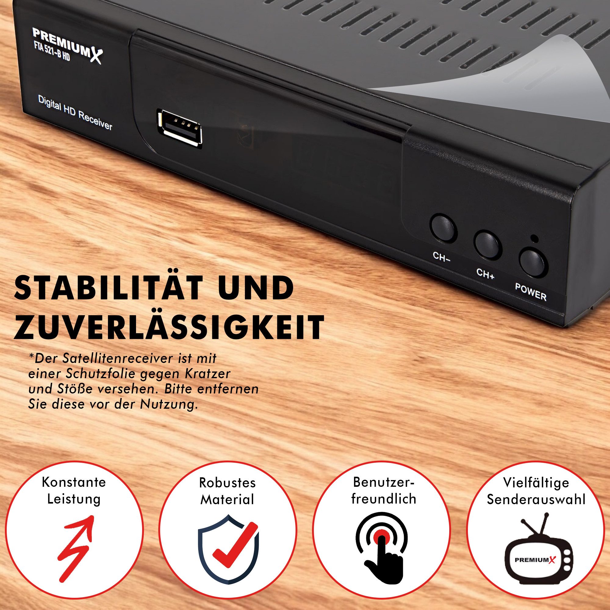 PremiumX HD 521 B FTA Digital SAT Receiver DVB-S2 HDMI SCART USB 12V FullHD SAT-Receiver