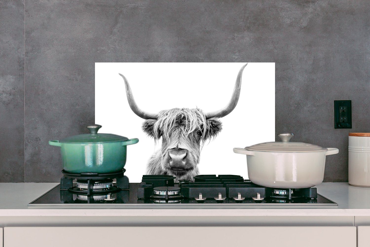 Scottish Herdblende cm, Stier Küchenrückwand Schwarz (1-tlg), - küchen Weiß, Highlander aus MuchoWow - Wandschutz, 60x40 - Temperaturbeständig