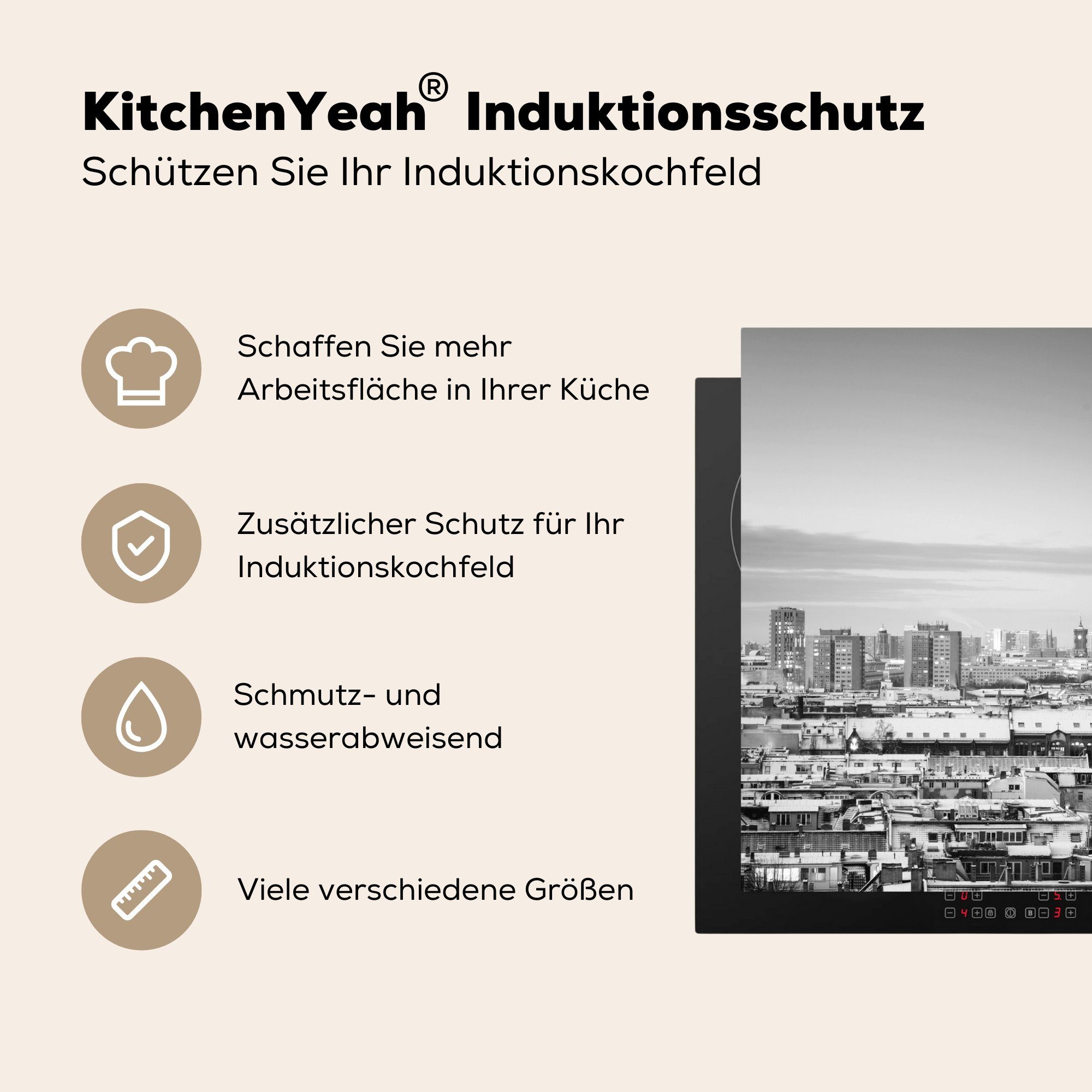 Herdblende-/Abdeckplatte (1 Arbeitsplatte tlg), 78x78 küche Stadt, für - Berlin Vinyl, Winter MuchoWow cm, - Ceranfeldabdeckung,