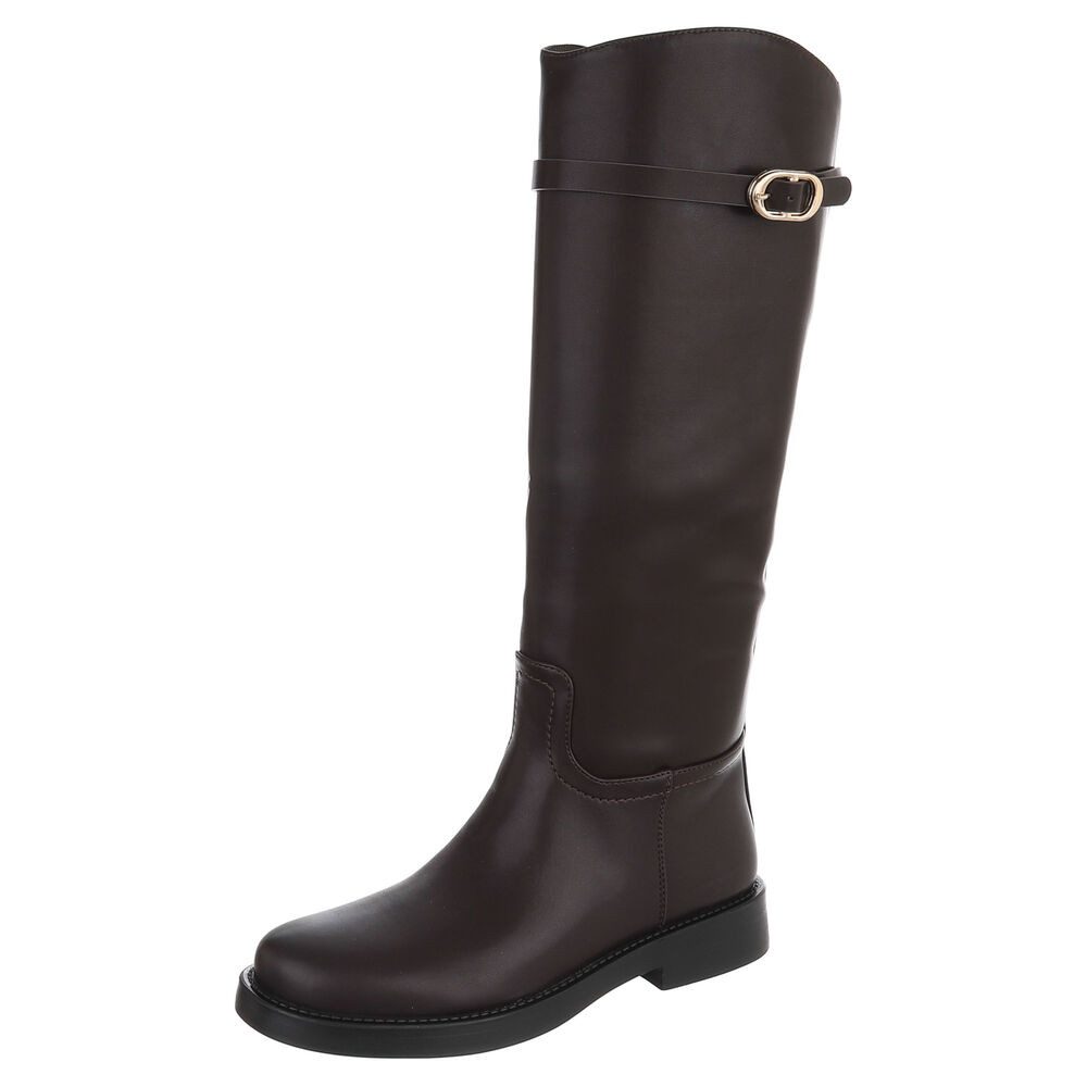 Ital-Design Damen Langschaftstiefel Reitstiefel-Optik mit Schnalle Stiefel (92214255) Blockabsatz Flache Stiefel in Braun