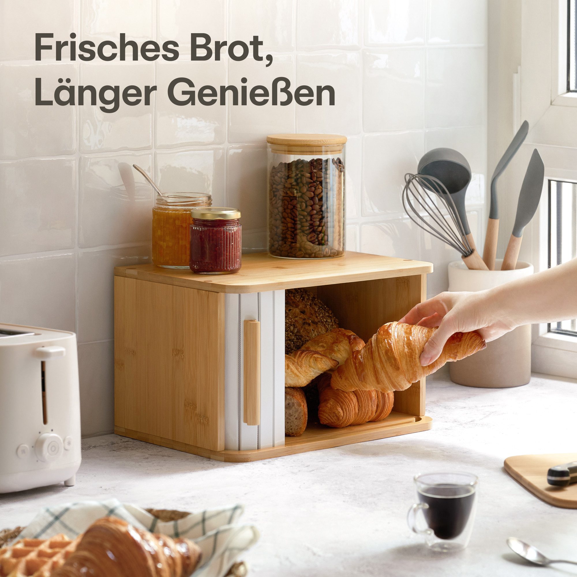 Praknu Brotkasten Brotkasten klein aus FSC® Holz mit Schiebetür - Brotaufbewahrung, Bambus, FSC® Holz - Platzsparend und stilvolle Brotbox für längere Frische