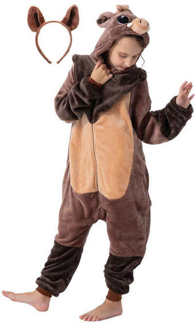 Corimori Jumpsuit Flauschiges Wildschwein-Kostüm für Kinder (2-tlg) mit Haarreif, Karneval, Fasching, Onesie, Mädchen, Jungen, Waldtiere