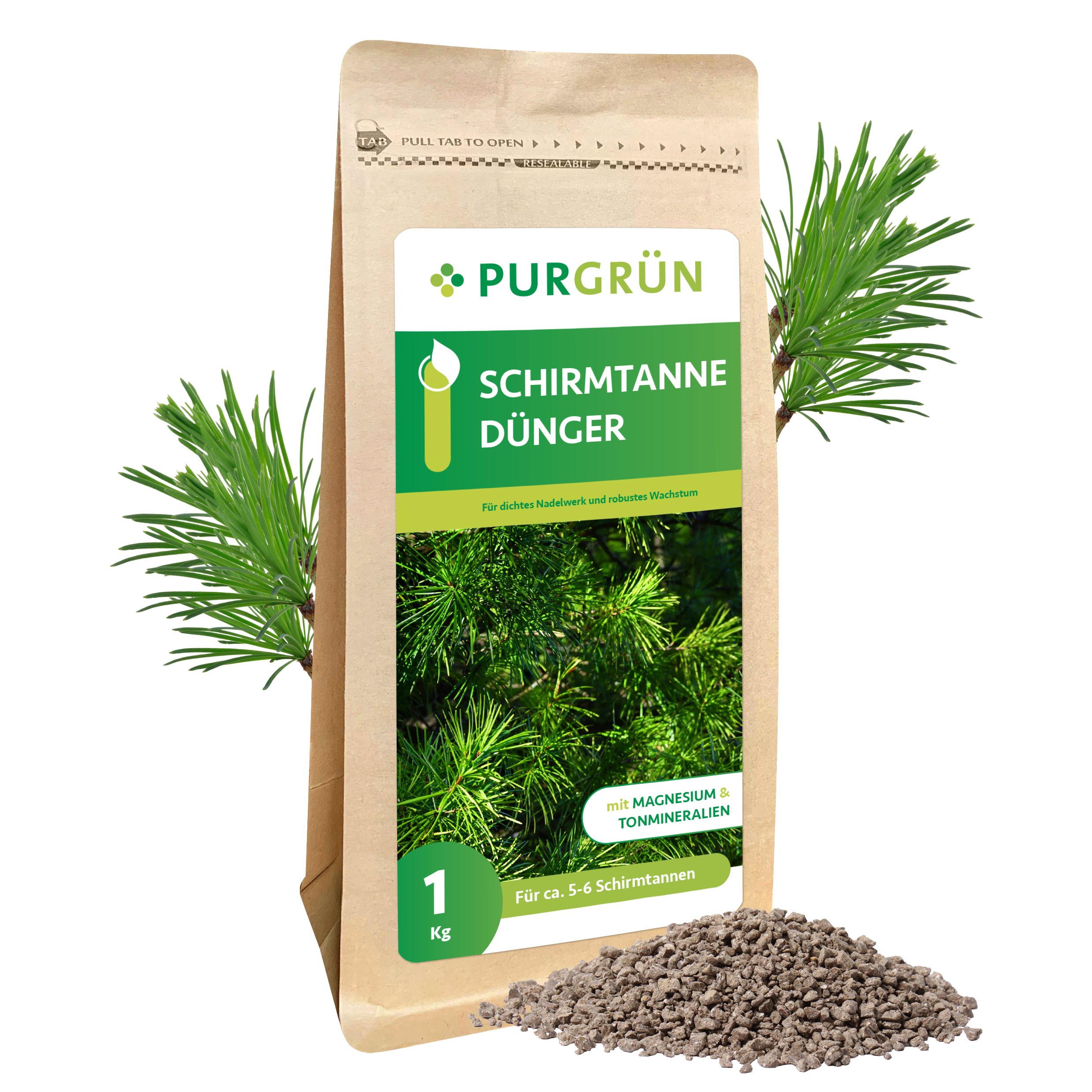 Gartendünger Purgrün Schirmtanne Dünger, NPK 5+4+6, für grüne Nadeln, 1 kg
