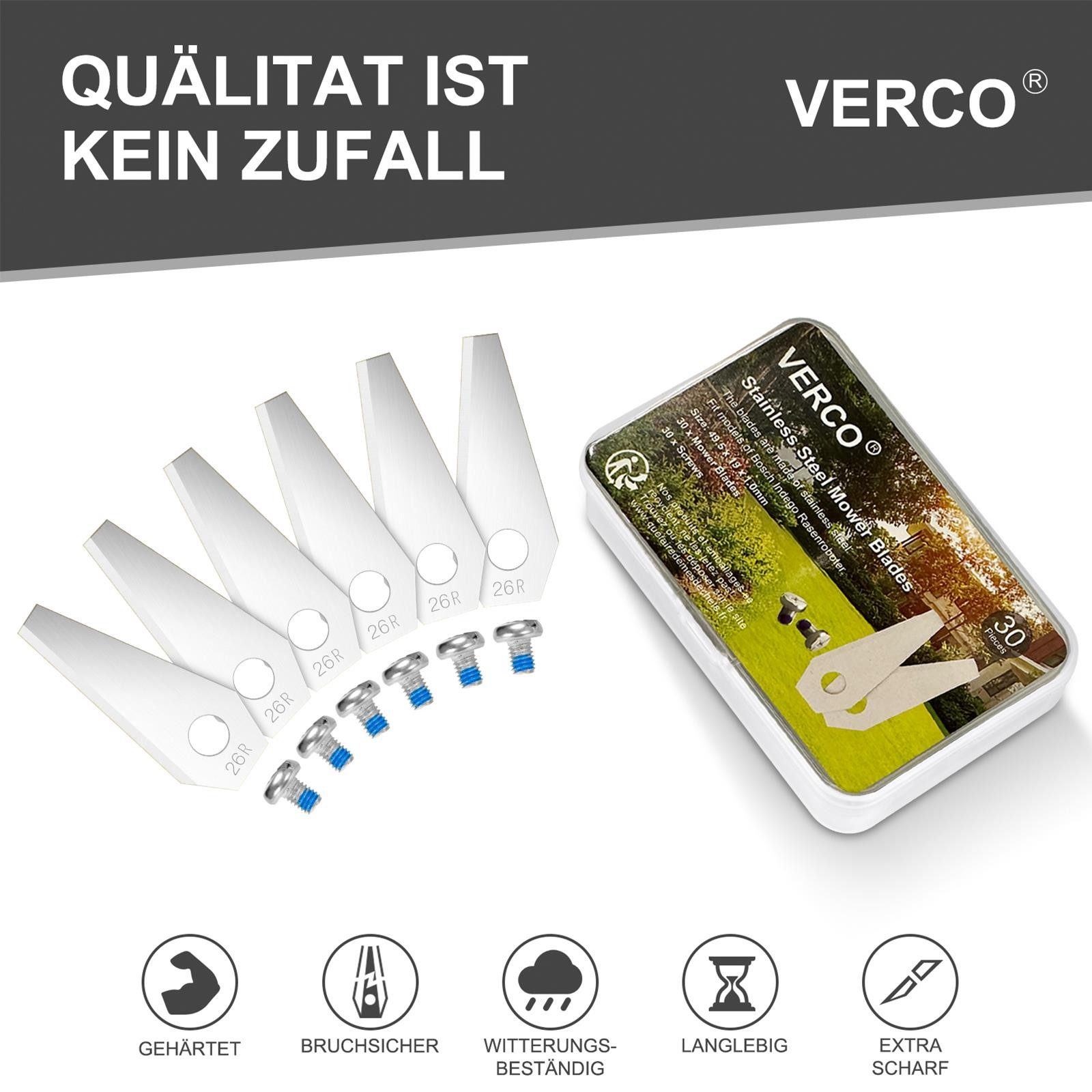 VERCO Mährobotermesser für Bosch Indego Mähmesser (inkl. Schrauben, 30 Stück), Edelstahl Messer Ersatz Klingen Set rostfrei