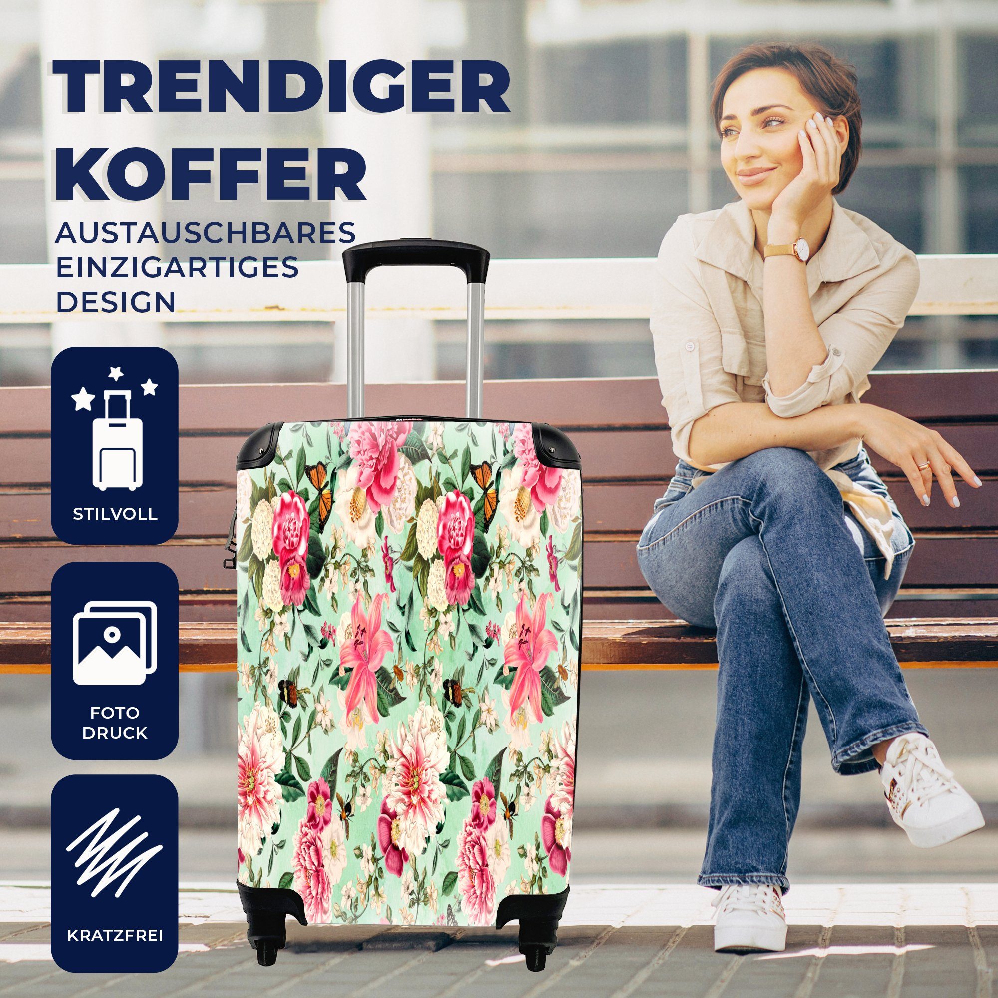 MuchoWow Handgepäckkoffer Handgepäck - - Reisetasche 4 rollen, Reisekoffer Blumen mit für Lilie Rosa Schmetterling, Ferien, - Trolley, Rollen