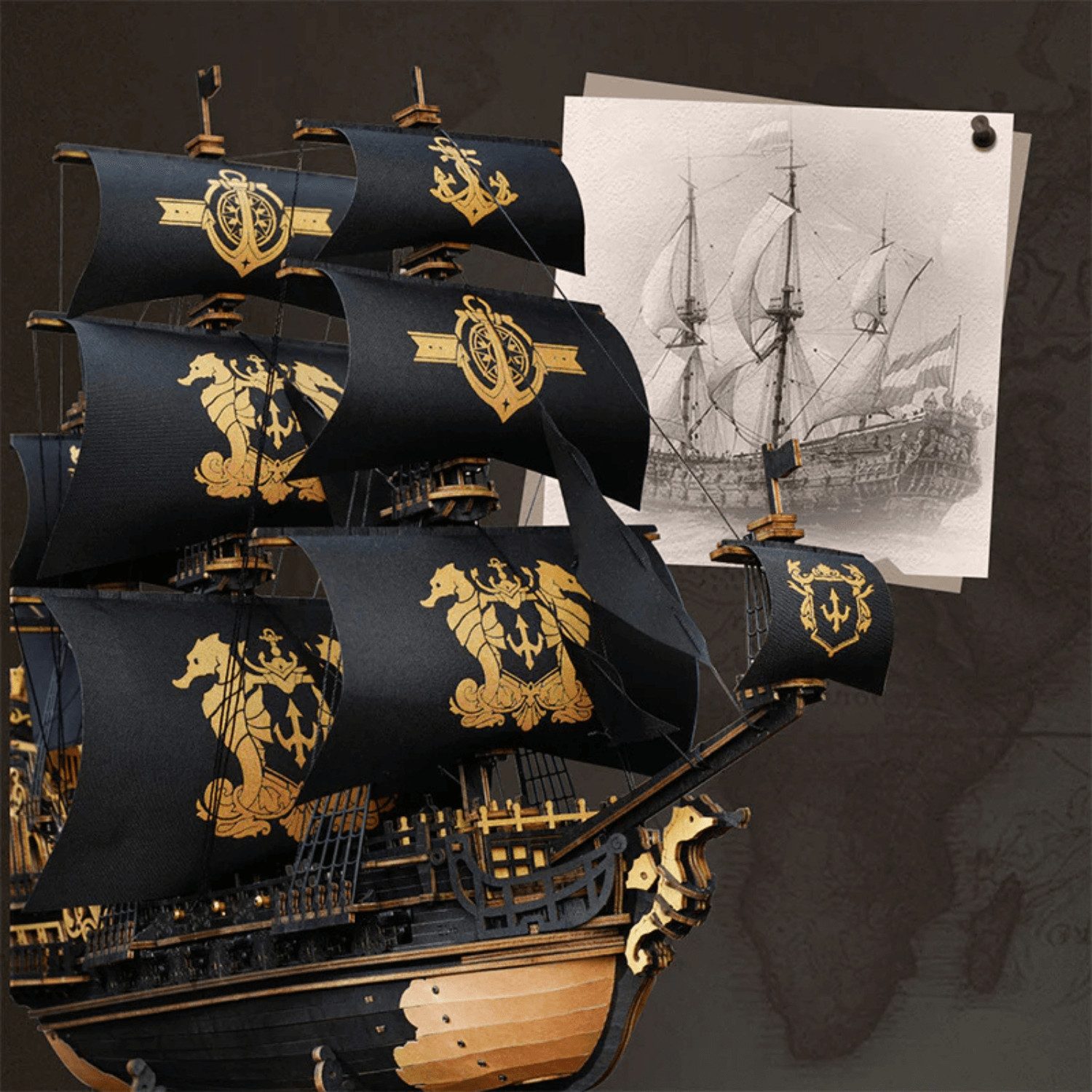 Robotime Modellbausatz Robotime The Seahorse Barque Piratenschiff Mechanisches Holzpuzzle, (603-tlg)