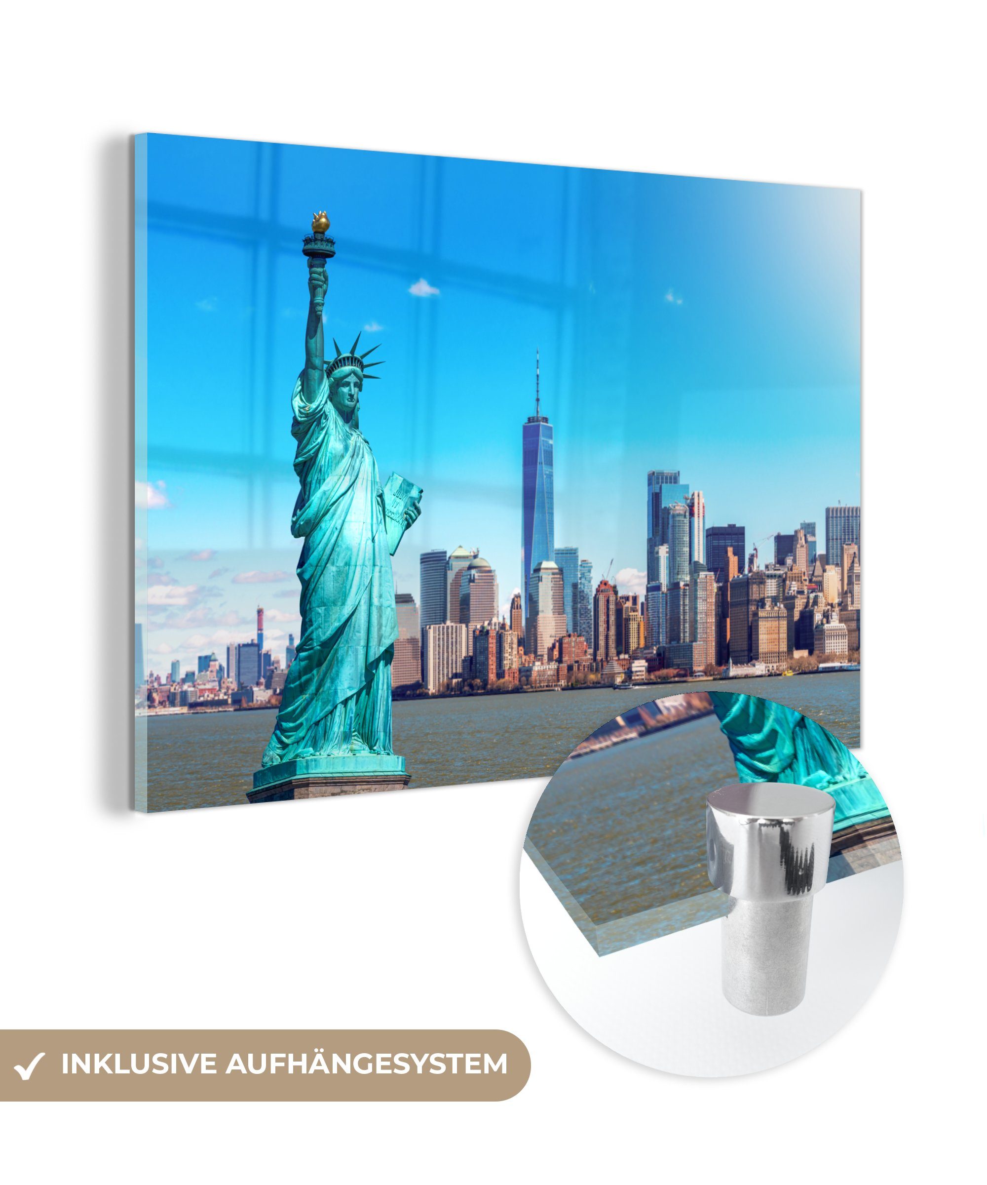 MuchoWow Acrylglasbild New York - Freiheitsstatue - Manhattan, (1 St), Acrylglasbilder Wohnzimmer & Schlafzimmer