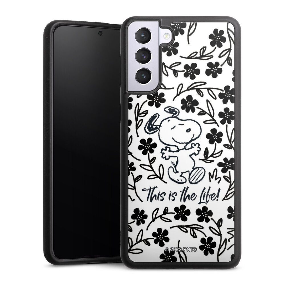 DeinDesign Handyhülle Peanuts Blumen Snoopy Snoopy Black and White This Is The Life, Samsung Galaxy S21+ 5G Gallery Case Glas Hülle