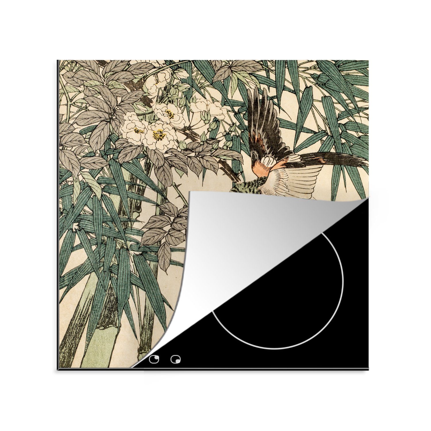 MuchoWow Herdblende-/Abdeckplatte Roter Vogel im Bambus, Vinyl, (1 tlg), 78x78 cm, Ceranfeldabdeckung, Arbeitsplatte für küche