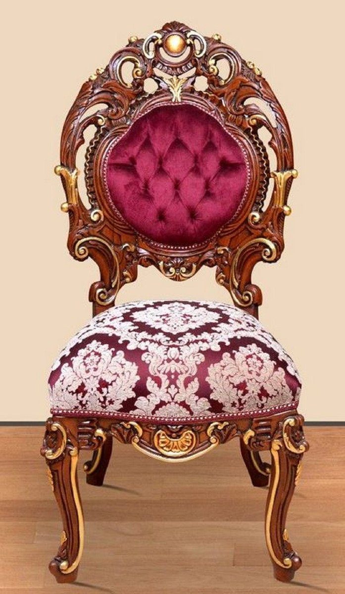 Casa Padrino Esszimmerstuhl Barock Esszimmerstuhl Cremefarben mit Barock Esszimmer / Bordeauxrot Muster 60 - x 50 Prunkvoller - Möbel Küchenstuhl Massivholz H. Braun / 120 cm edlem Gold x 