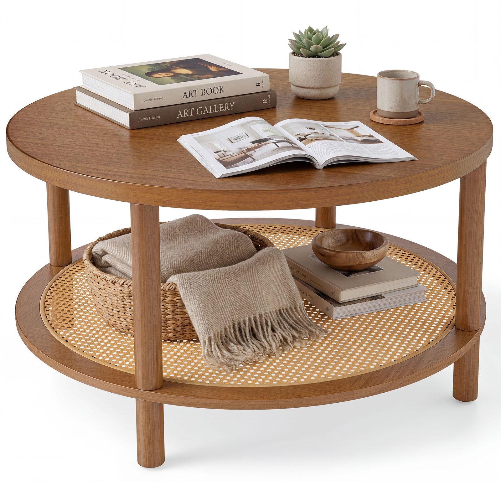 COSTWAY Couchtisch, rund Wohnzimmertisch Holz mit Rattan-Ablage 80x80x45cm
