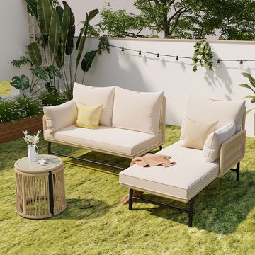 Fangqi Garten-Palettensofa Gartensofa-Garnitur, Ecksofa in L-Form,beigem Seilbezug,1 runder Tisch, L-förmiges Ecksofa oder 2 separate Loungesessel