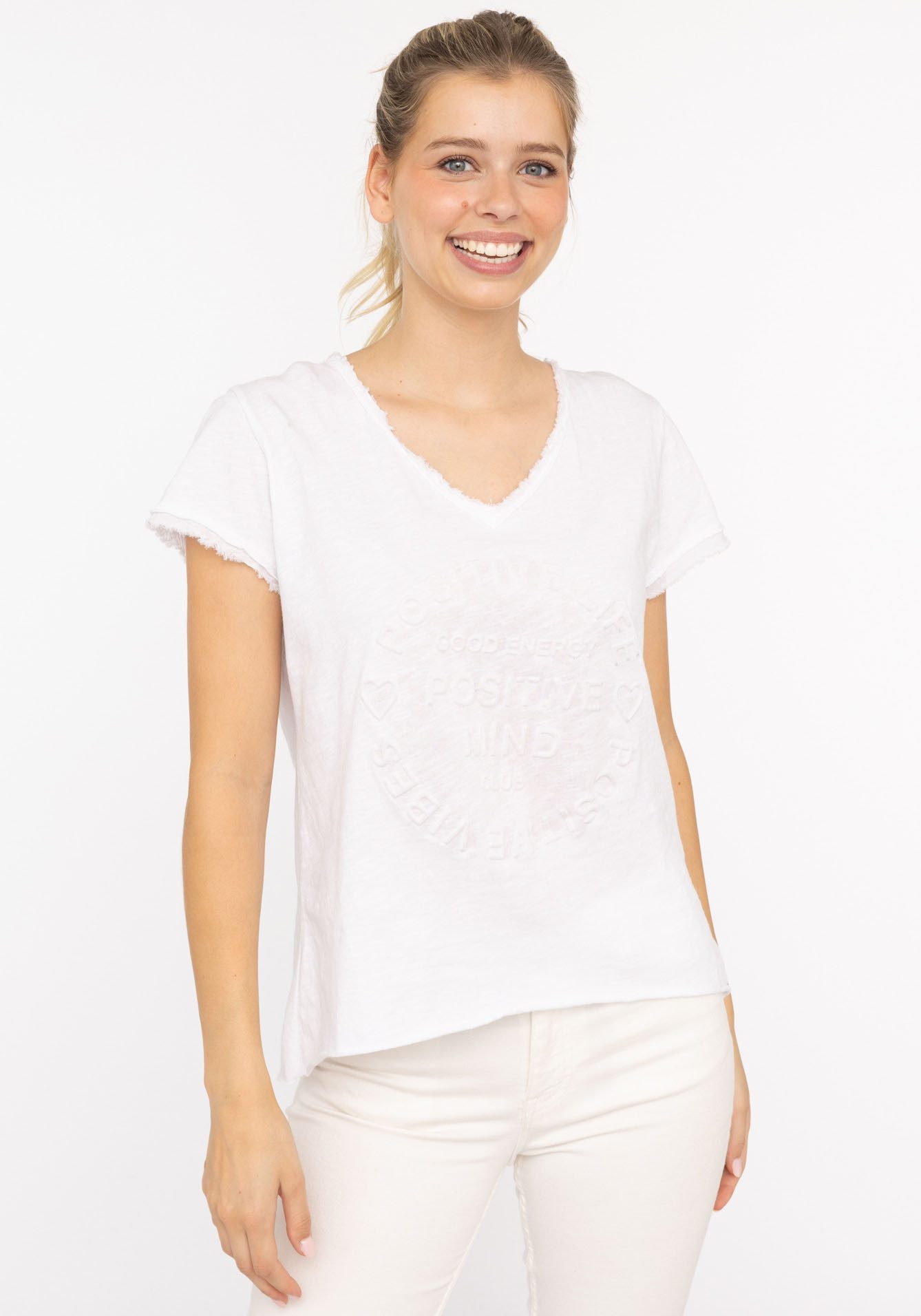 Zwillingsherz T-Shirt "Positive Mind" V-Ausschnitt, Kurzarm, Used-Look, Baumwolle, ausgefranste Kanten