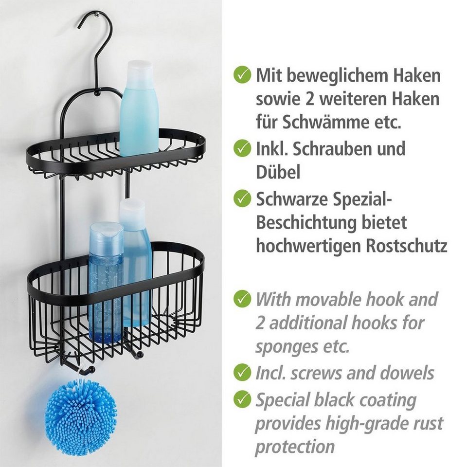 WENKO Badregal Classic Plus Black, 1 Ablage, 1 Korb, Moderner Ablagekorb  für die Dusche mit beweglichem Haken für einfaches Aufhängen