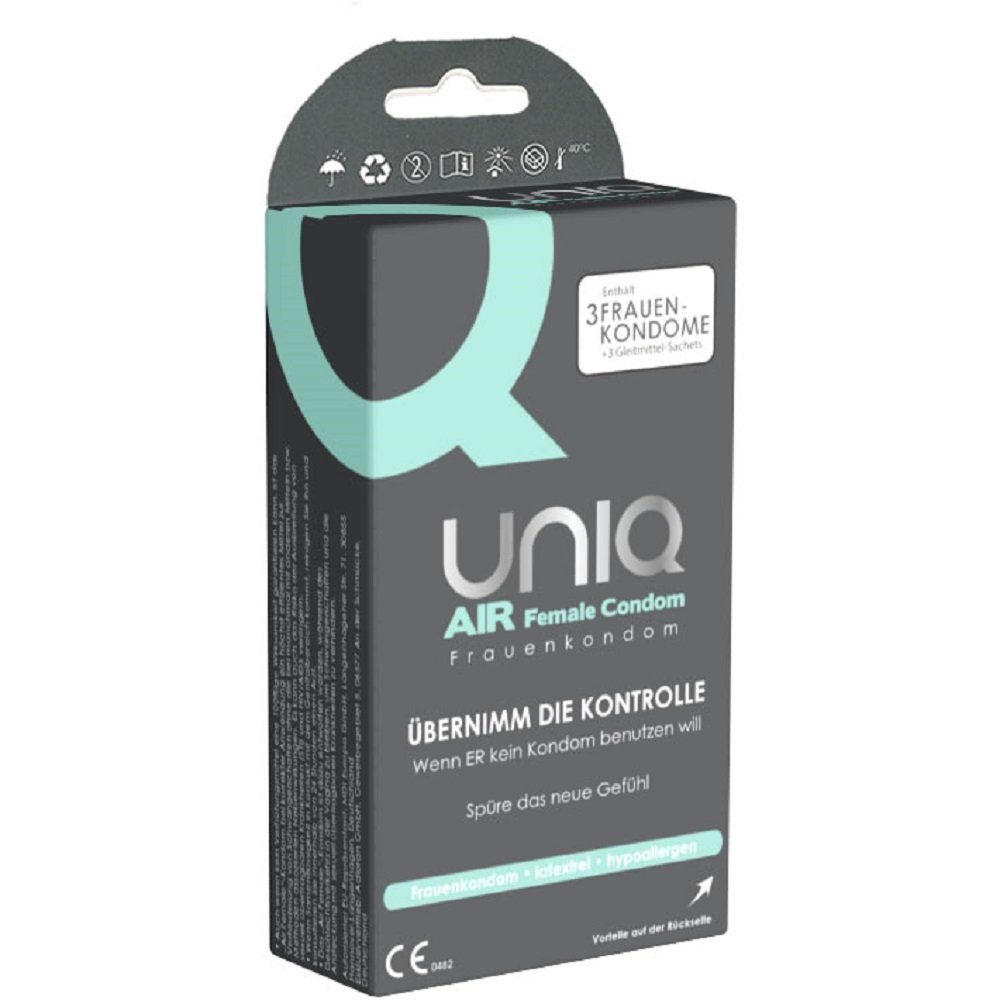 UNIQ Kondome AirFemale Frauenkondom - latexfreie Frauenkondome ohne festen Ring Packung mit, 3 St., Kondome für Frauen, einfaches Platzieren und sicherer Halt, passt sich dem weiblichen Körper perfekt an